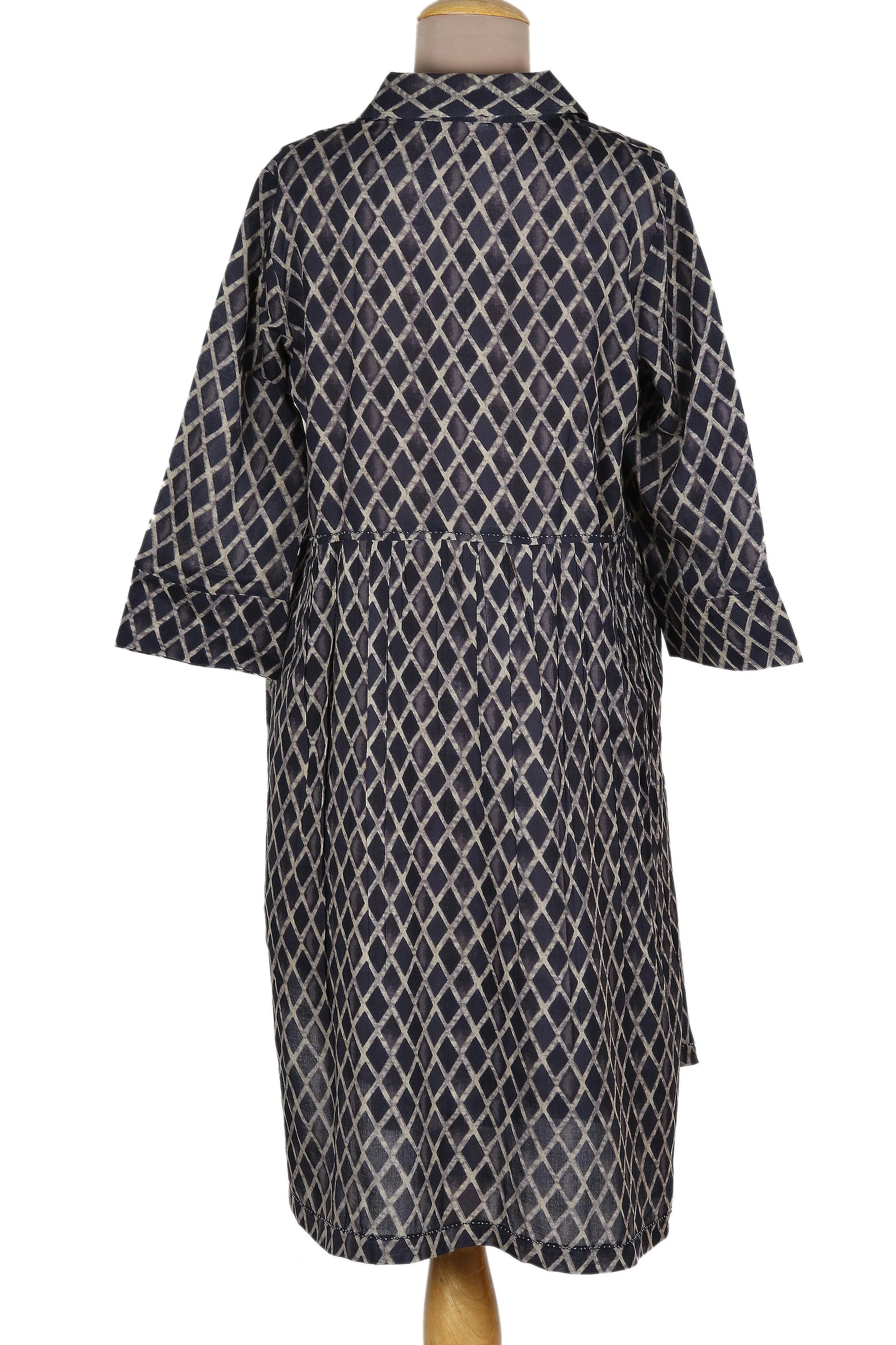 Creative Fusion in Indigo Dark Blue and Grey Beaded Shirtdress - Image 5