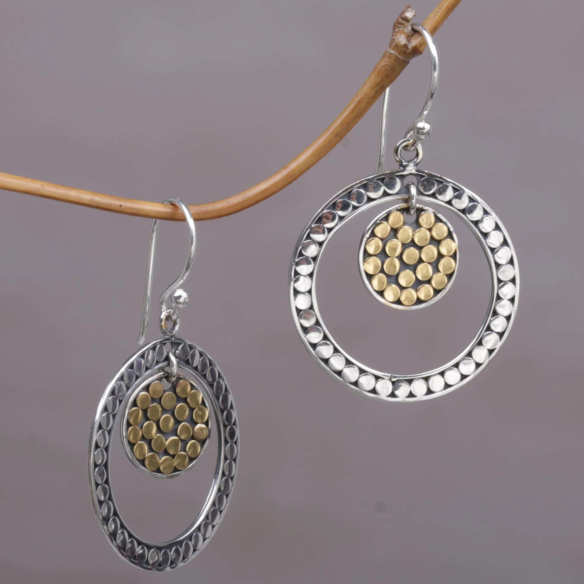 Crescent Eclipse Gold Accented Sterling Silver Dangle Earrings Indonesia - Image 3