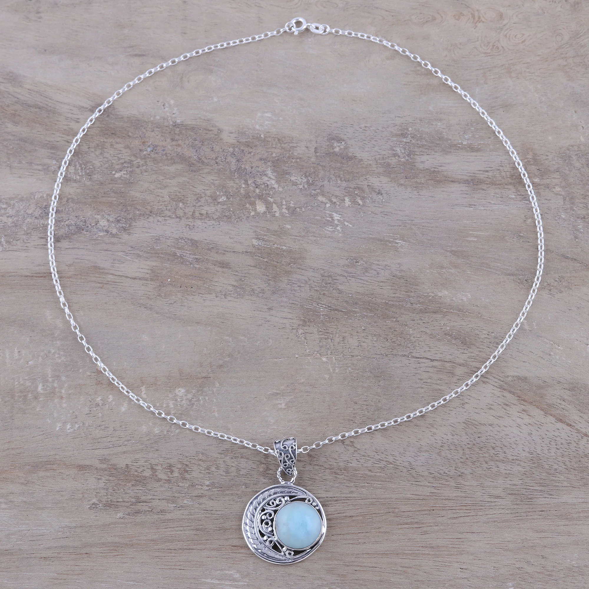 Crescent Elegance Crescent Motif Larimar Pendant Necklace from India - Image 3