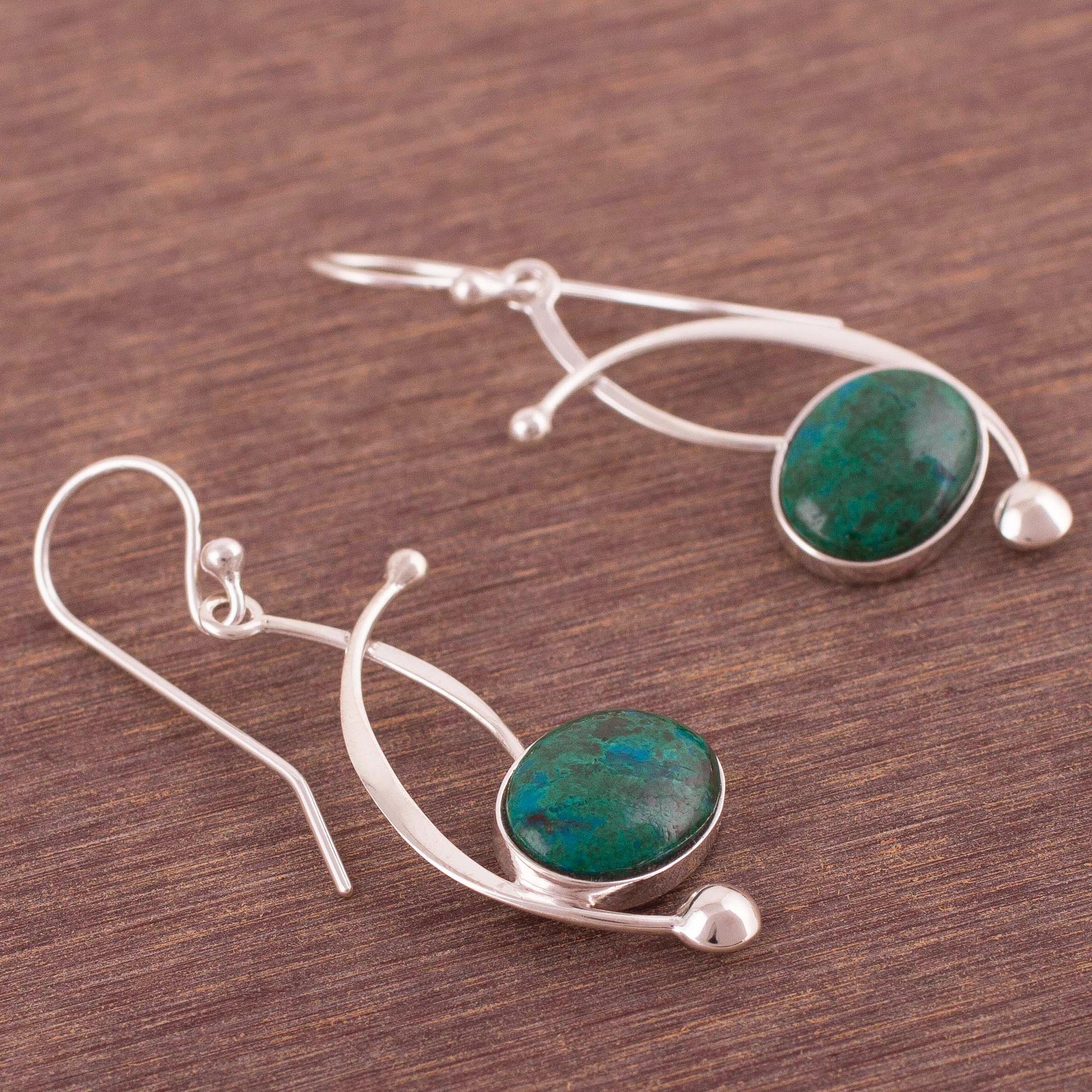 Crescent Eyes Chrysocolla and Sterling Silver Dangle Earrings from Peru - Image 3