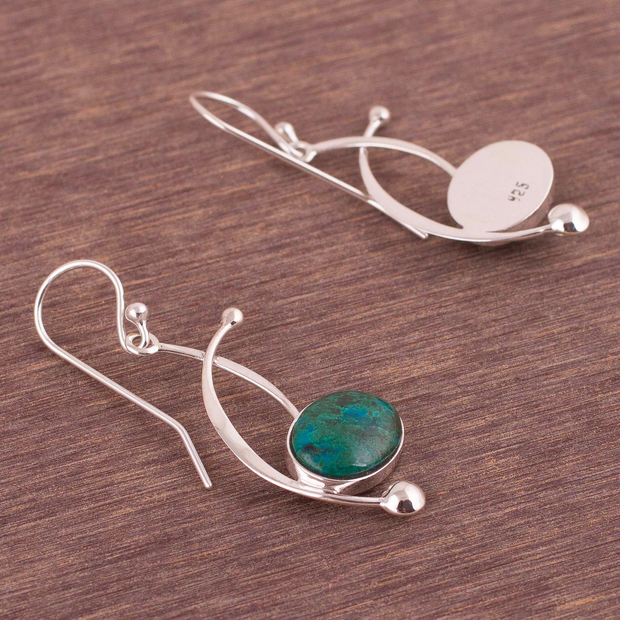Crescent Eyes Chrysocolla and Sterling Silver Dangle Earrings from Peru - Image 4