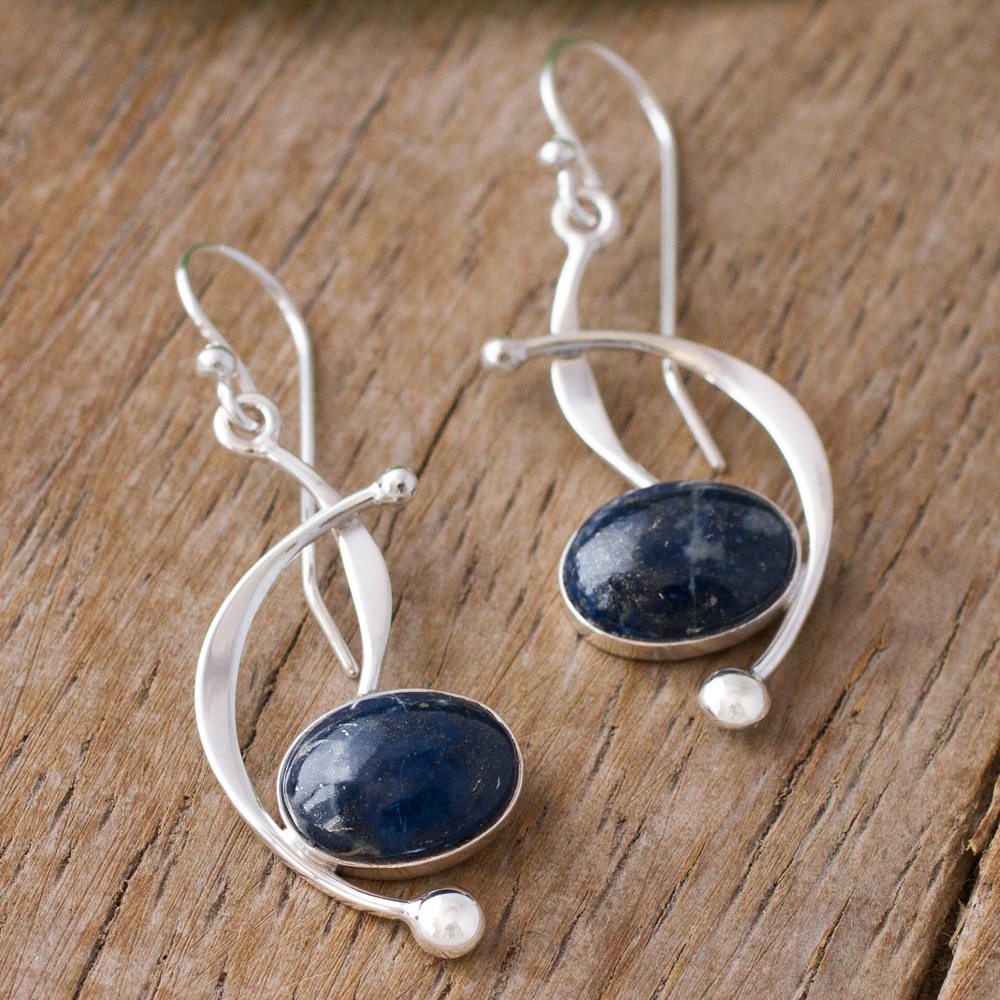 Crescent Eyes Lapis Lazuli and Sterling Silver Dangle Earrings from Peru - Image 3
