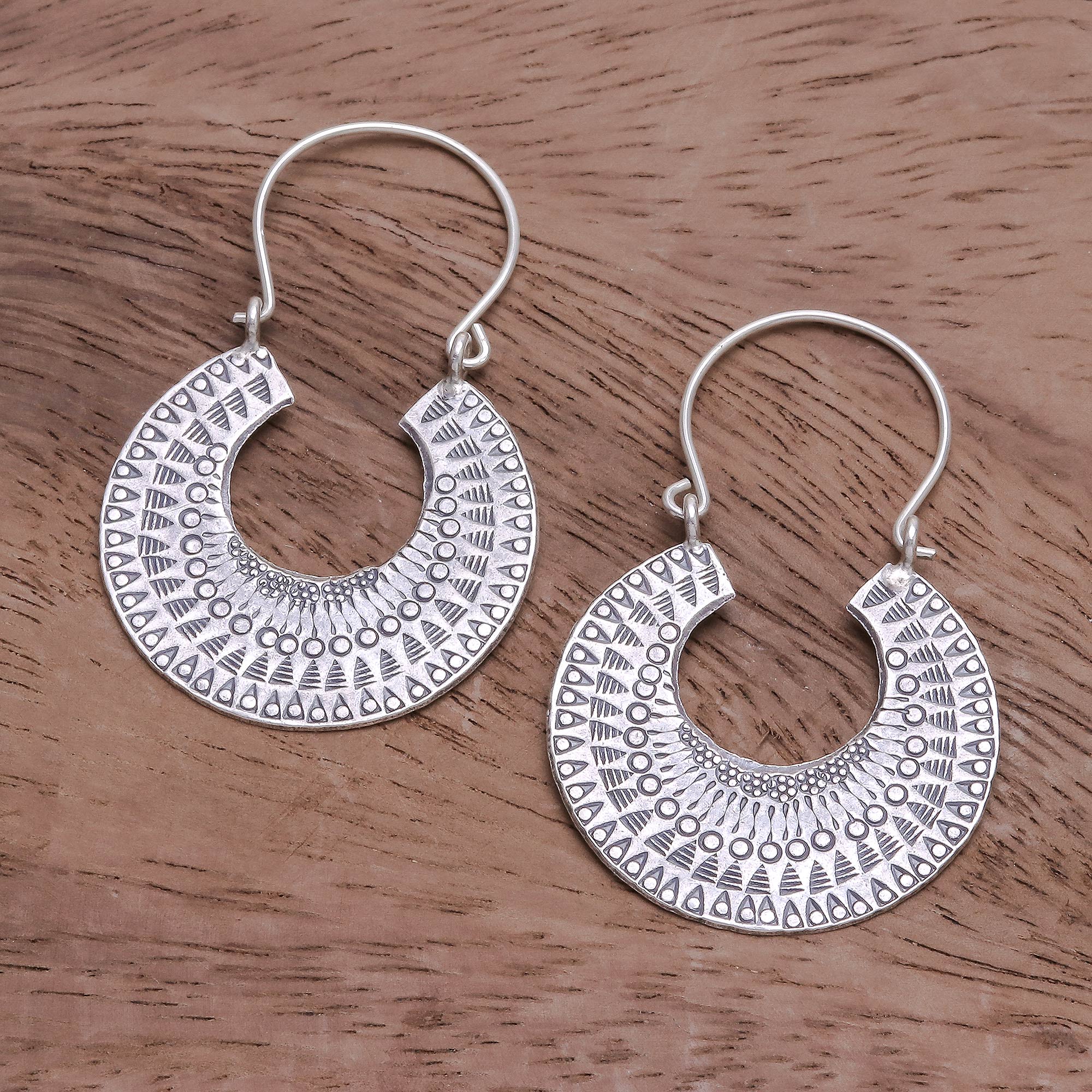 Crescent Patterns Patterned Crescent Sterling Silver Hoop Earrings - Image 3