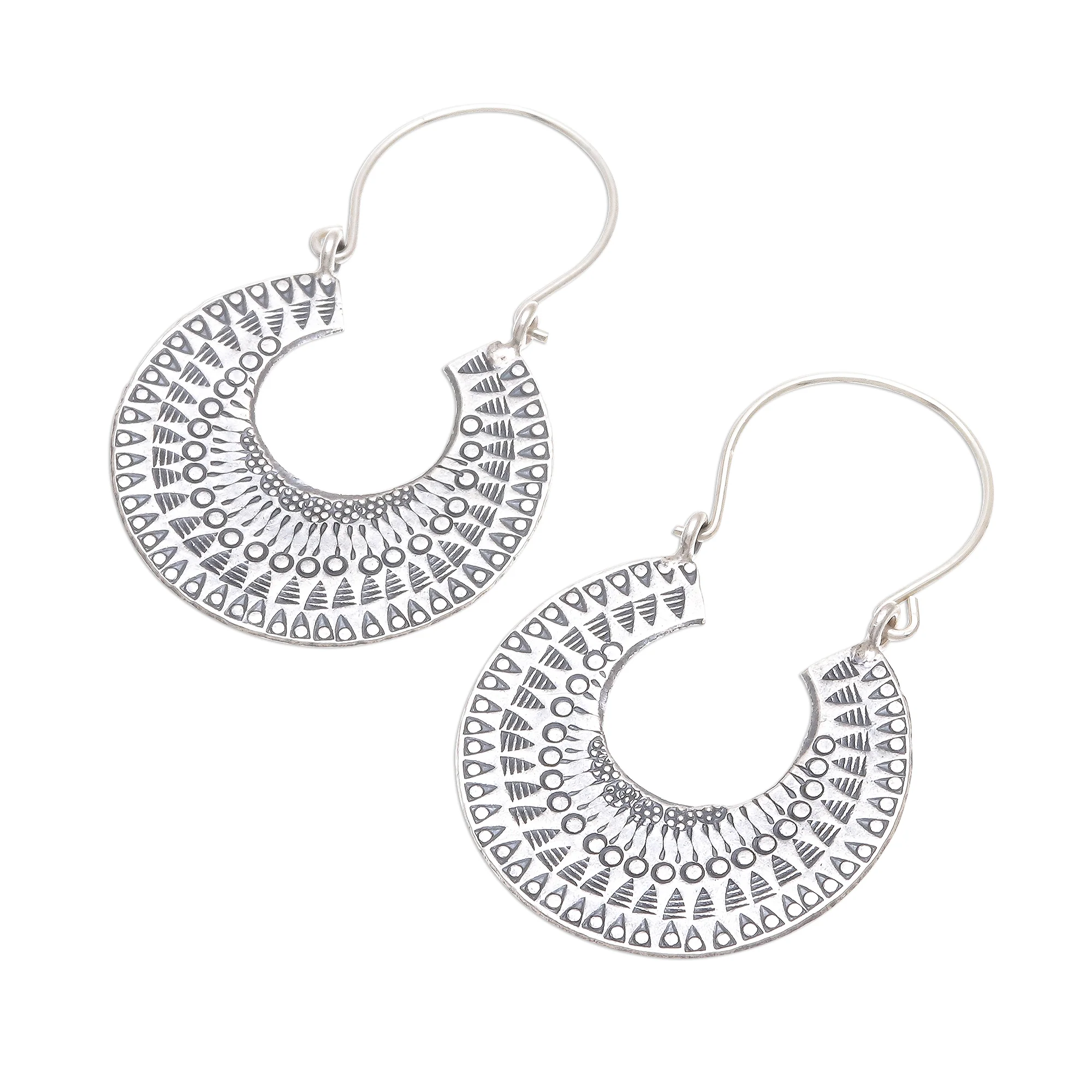 Crescent Patterns Patterned Crescent Sterling Silver Hoop Earrings - Image 4