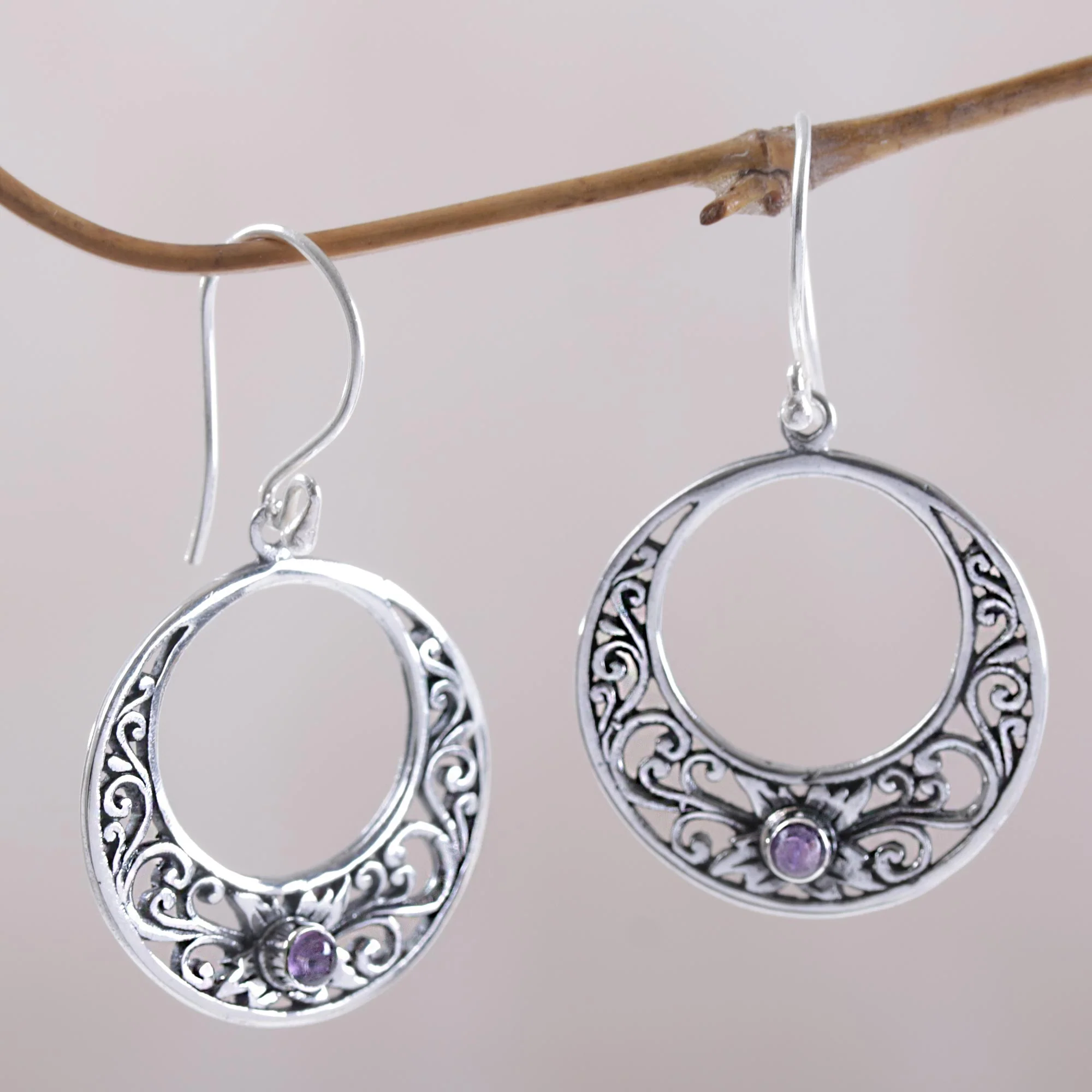 Crescent Spirals Amethyst and 925 Sterling Silver Dangle Earrings from Bali - Image 3