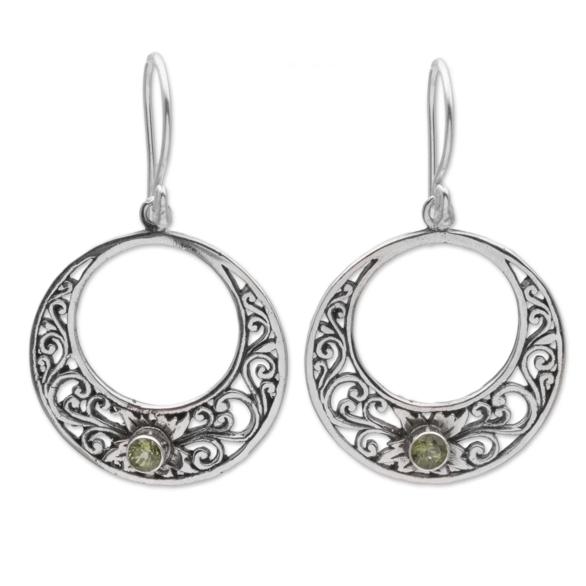 Crescent Spirals Peridot and 925 Sterling Silver Dangle Earrings from Bali - Image 2