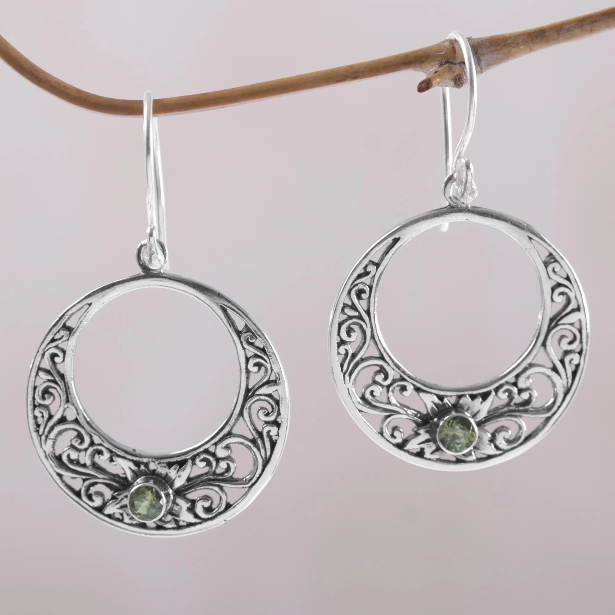 Crescent Spirals Peridot and 925 Sterling Silver Dangle Earrings from Bali - Image 3