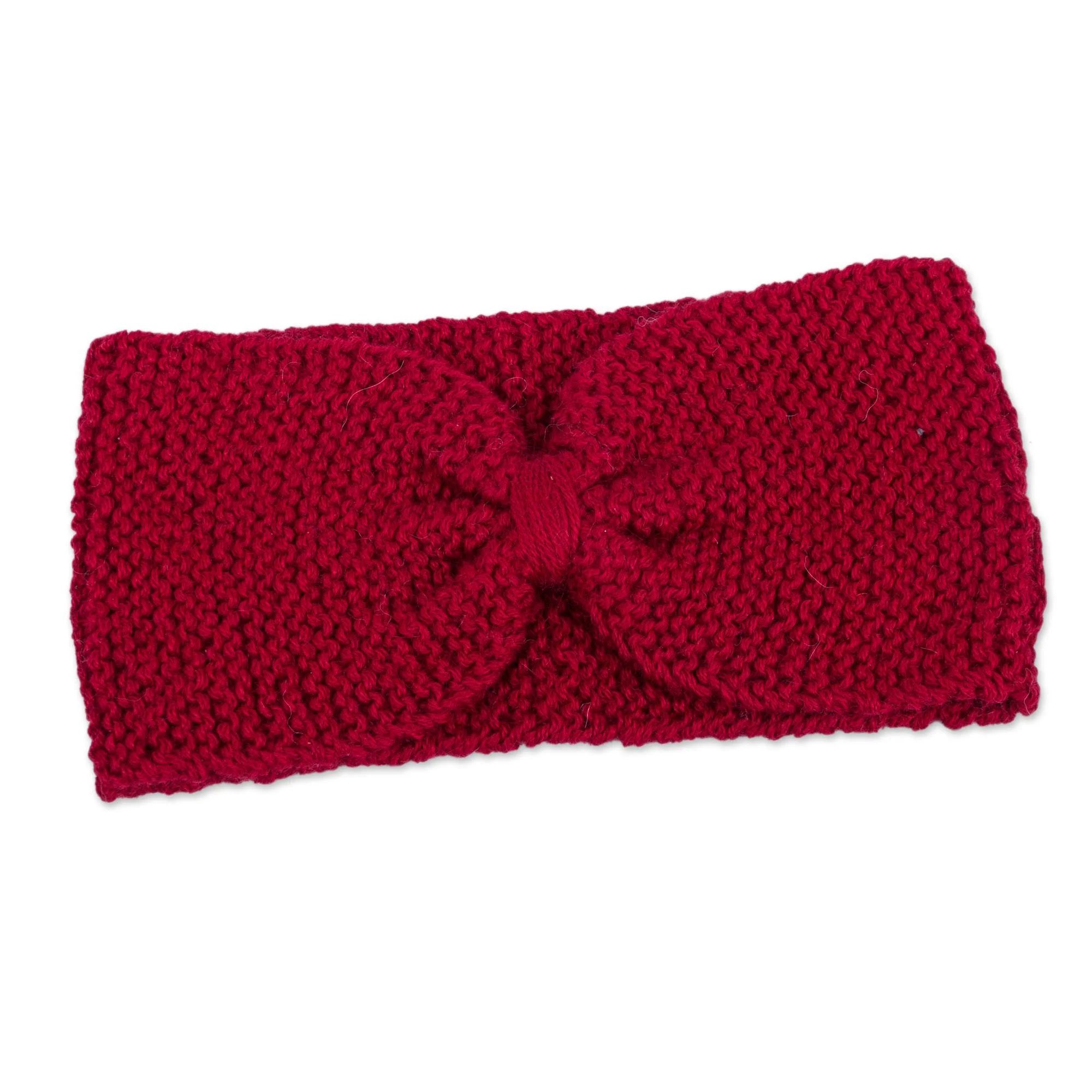 Crimson Bow Knitted Red 100% Alpaca Wool Ear Warmer from Peru - Image 2