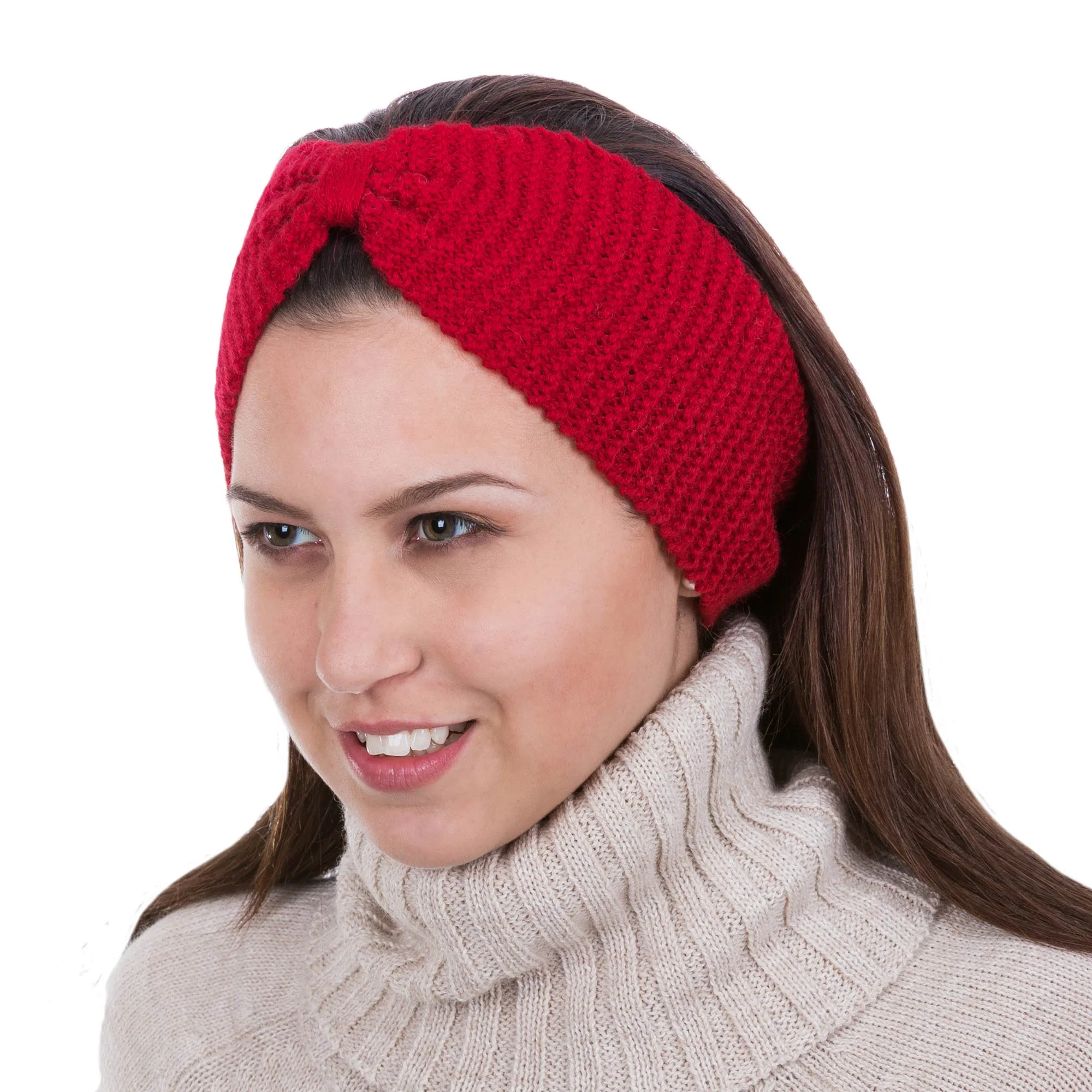 Crimson Bow Knitted Red 100% Alpaca Wool Ear Warmer from Peru - Image 3