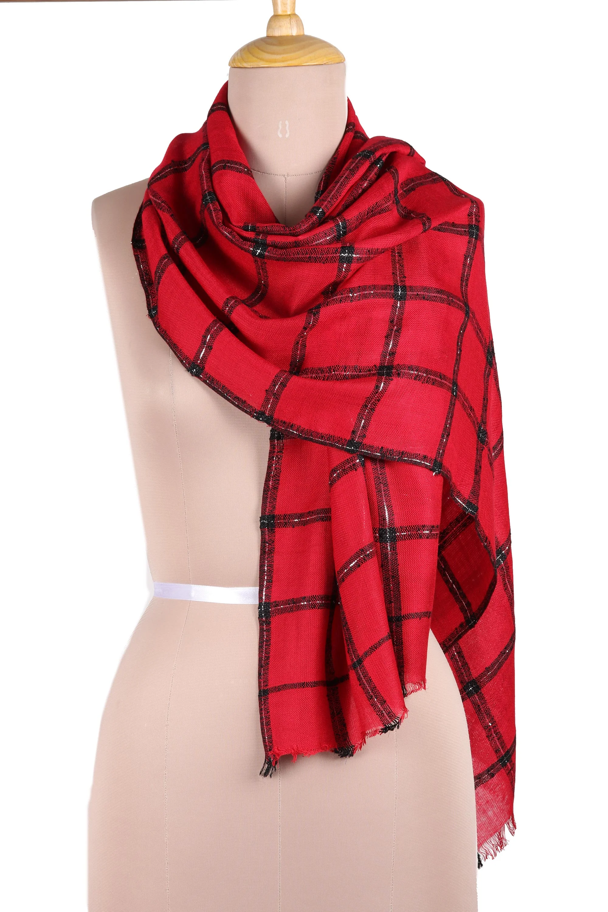 Crimson Checks Checked Viscose Blend Wrap Scarf in Crimson from India - Image 2
