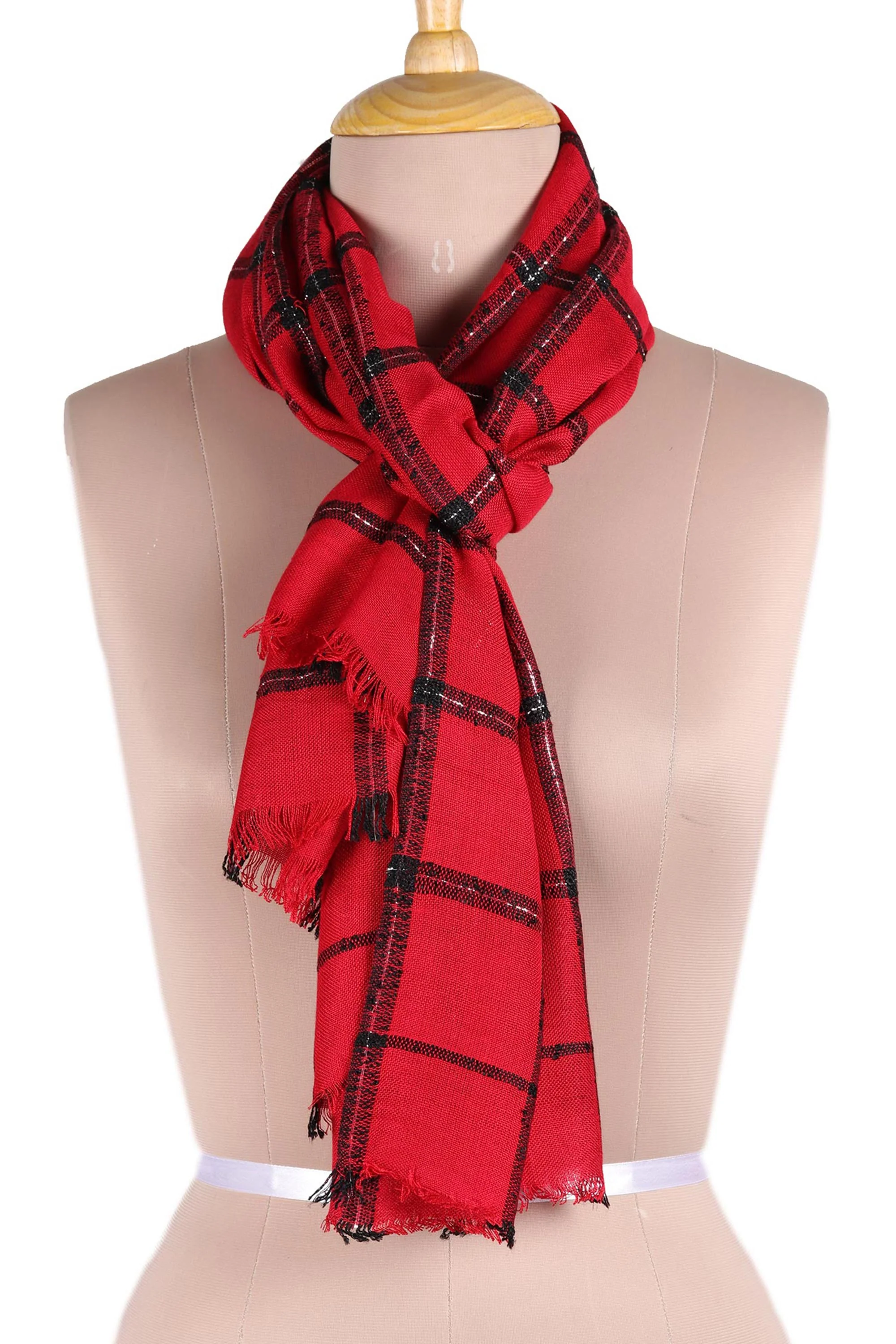 Crimson Checks Checked Viscose Blend Wrap Scarf in Crimson from India - Image 3