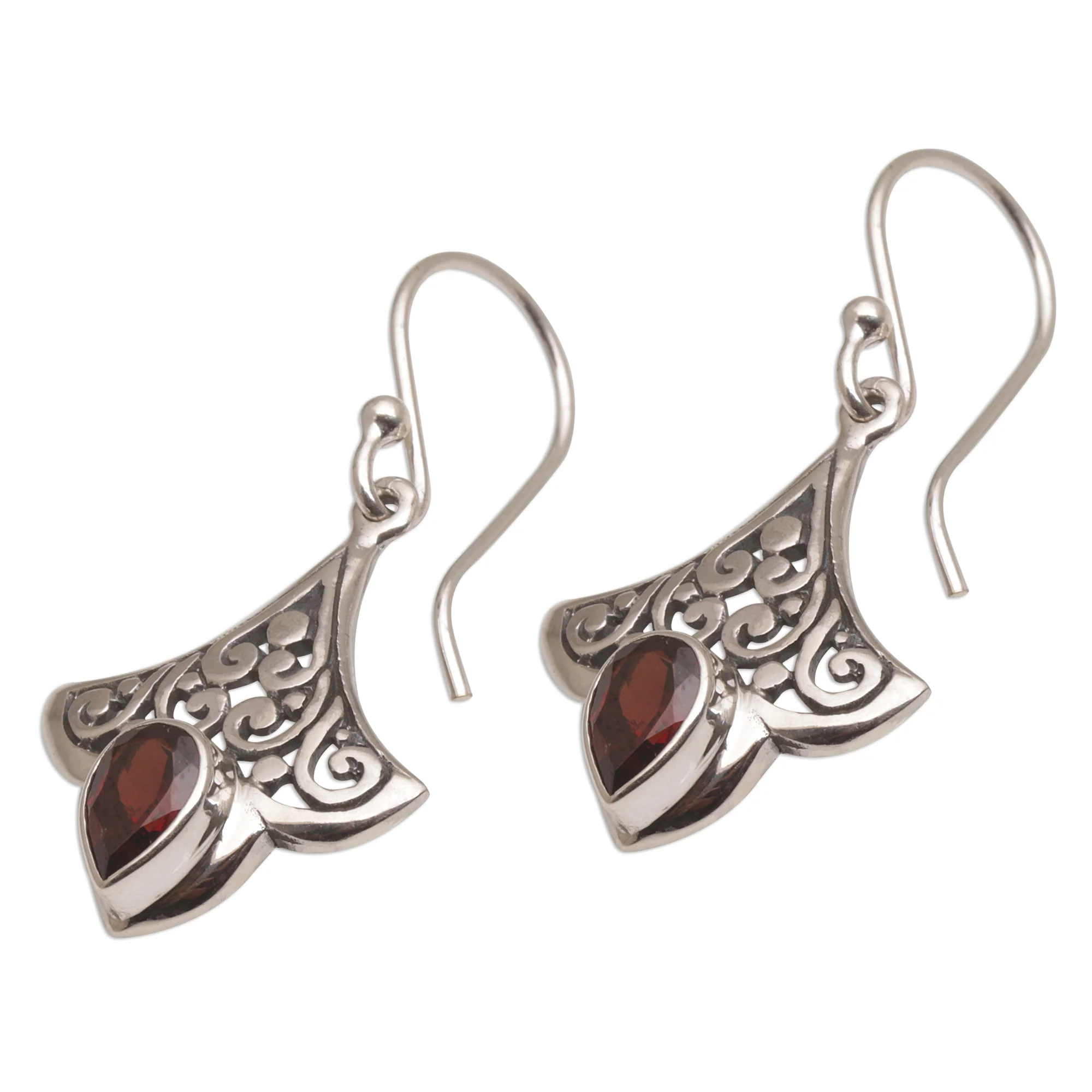 Crimson Crown Balinese Garnet and Sterling Silver Dangle Earrings - Image 5