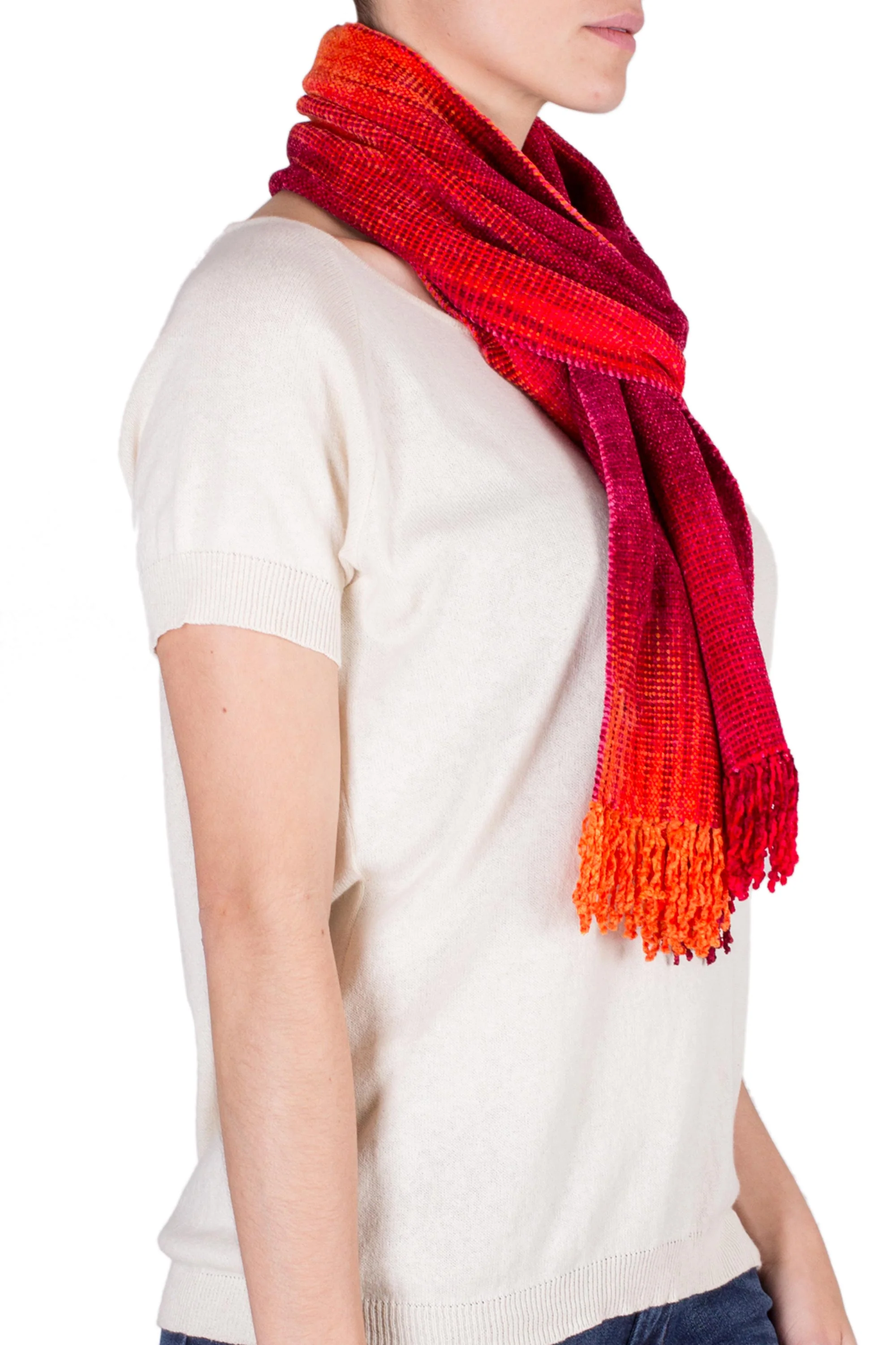 Crimson Embrace Red and Burgundy Handwoven Rayon Chenille Scarf - Image 3