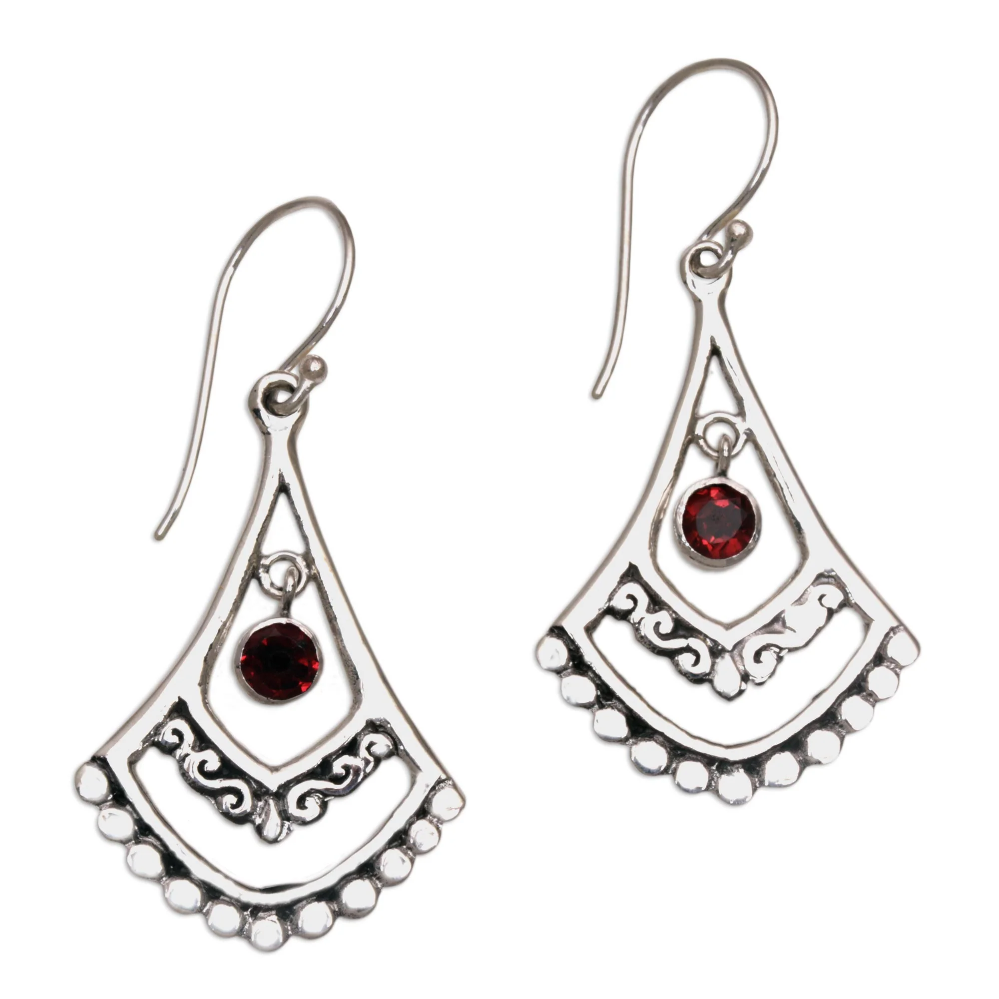 Crimson Fanfare Garnet and Sterling Silver Dangle Earrings from Indonesia - Image 2
