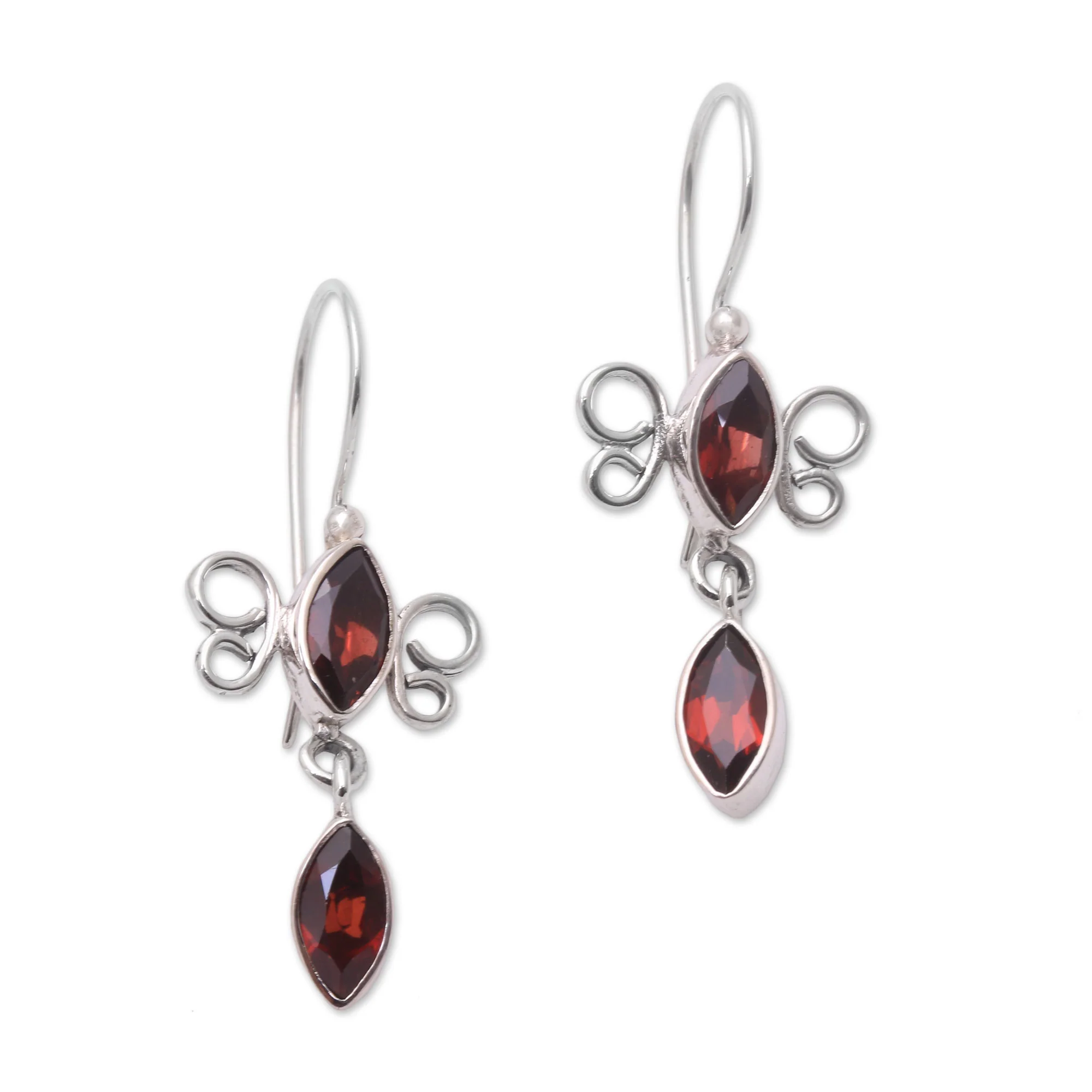 Crimson Rainfall Sterling Silver and Garnet Red Raindrop Dangle Earrings - Image 2