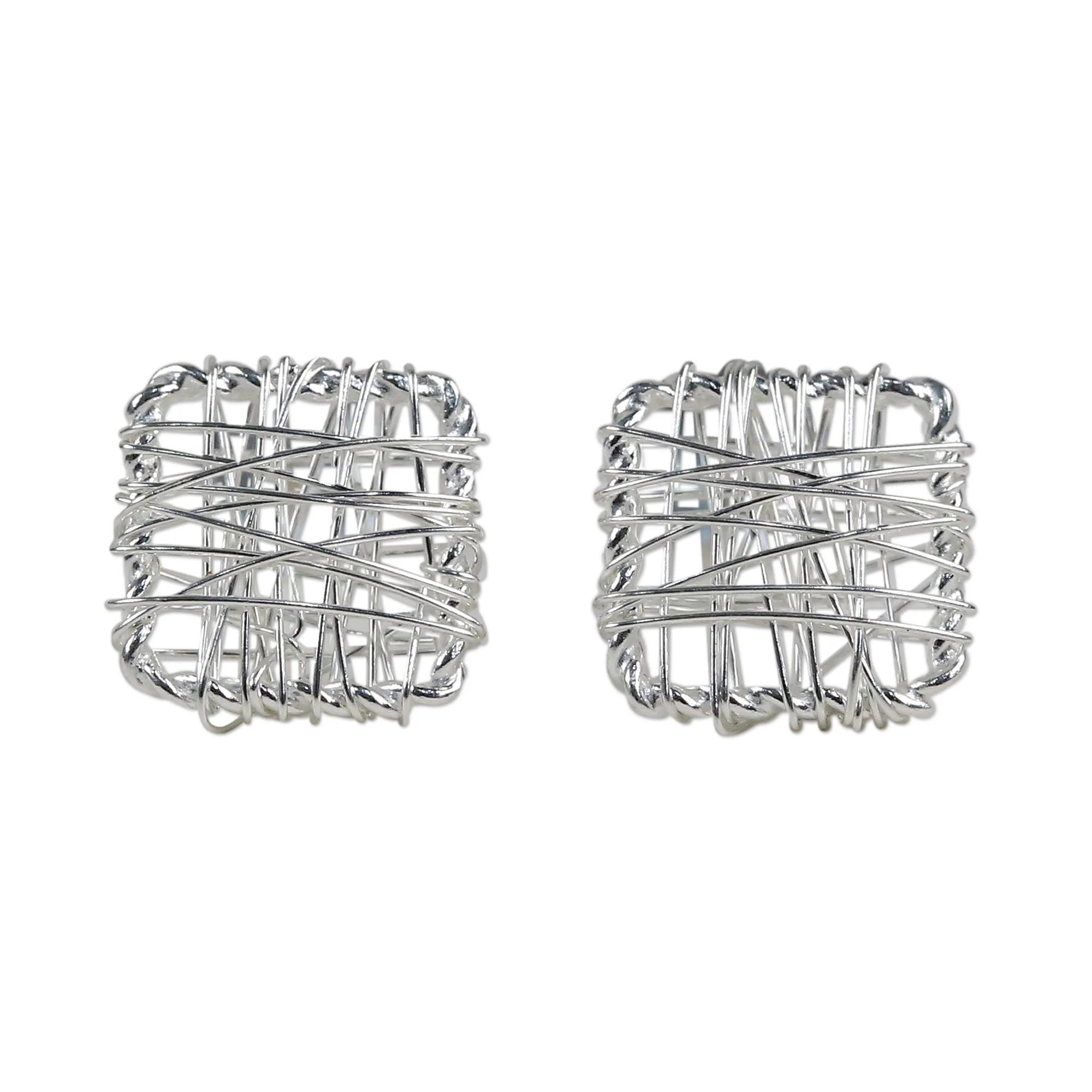 Crisscross Square Sterling Silver Wrap Square Stud Earrings Made in Thailand - Image 2