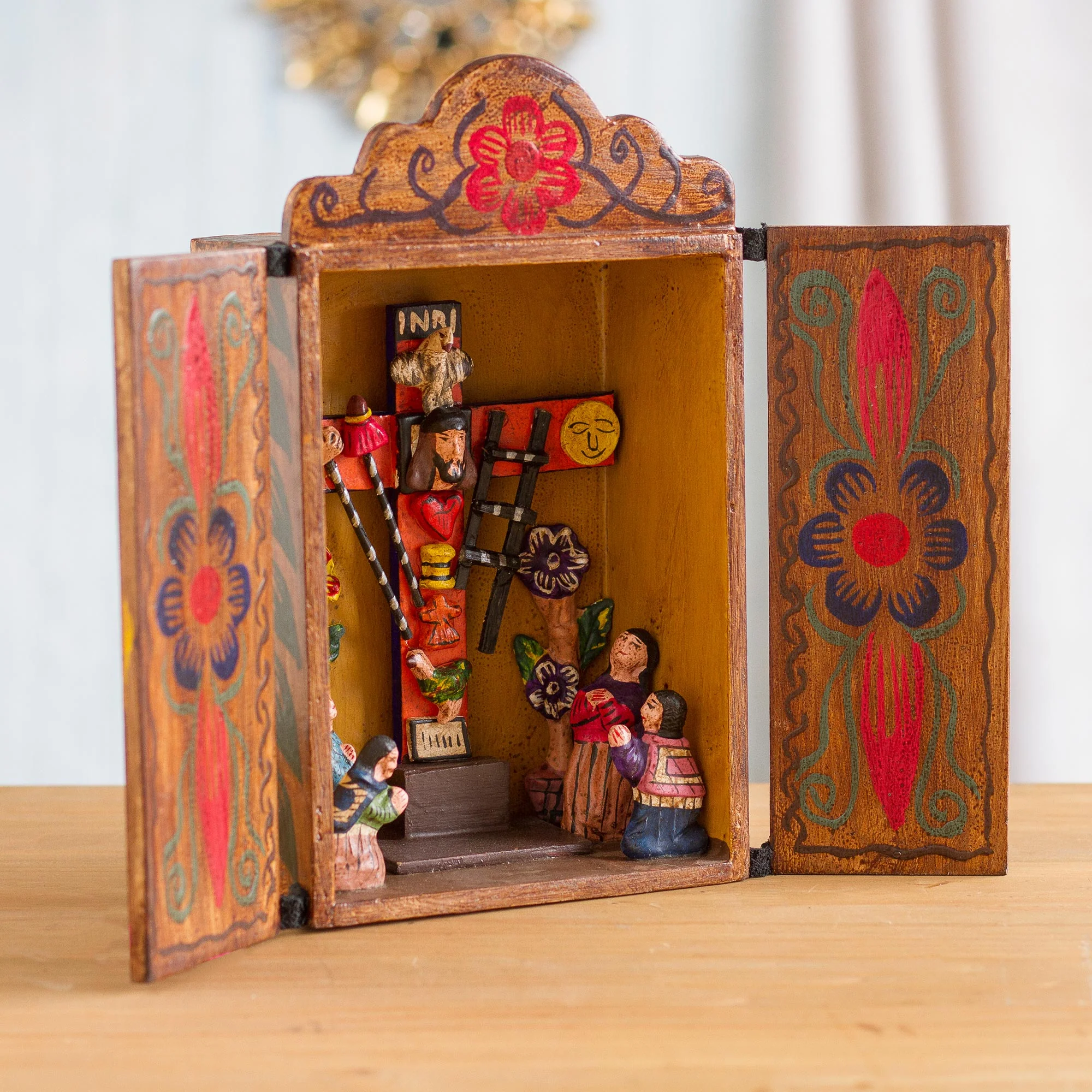 Cross of Lamentation Hand Made Religious Wood Retablo Diorama Andean Folk Art - Image 3