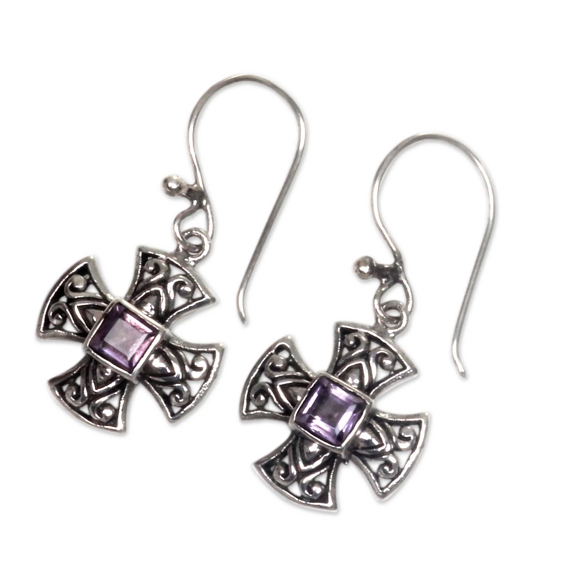 Cross Pattee Balinese Handcrafted Silver and Amethyst Cross Earrings - Image 3