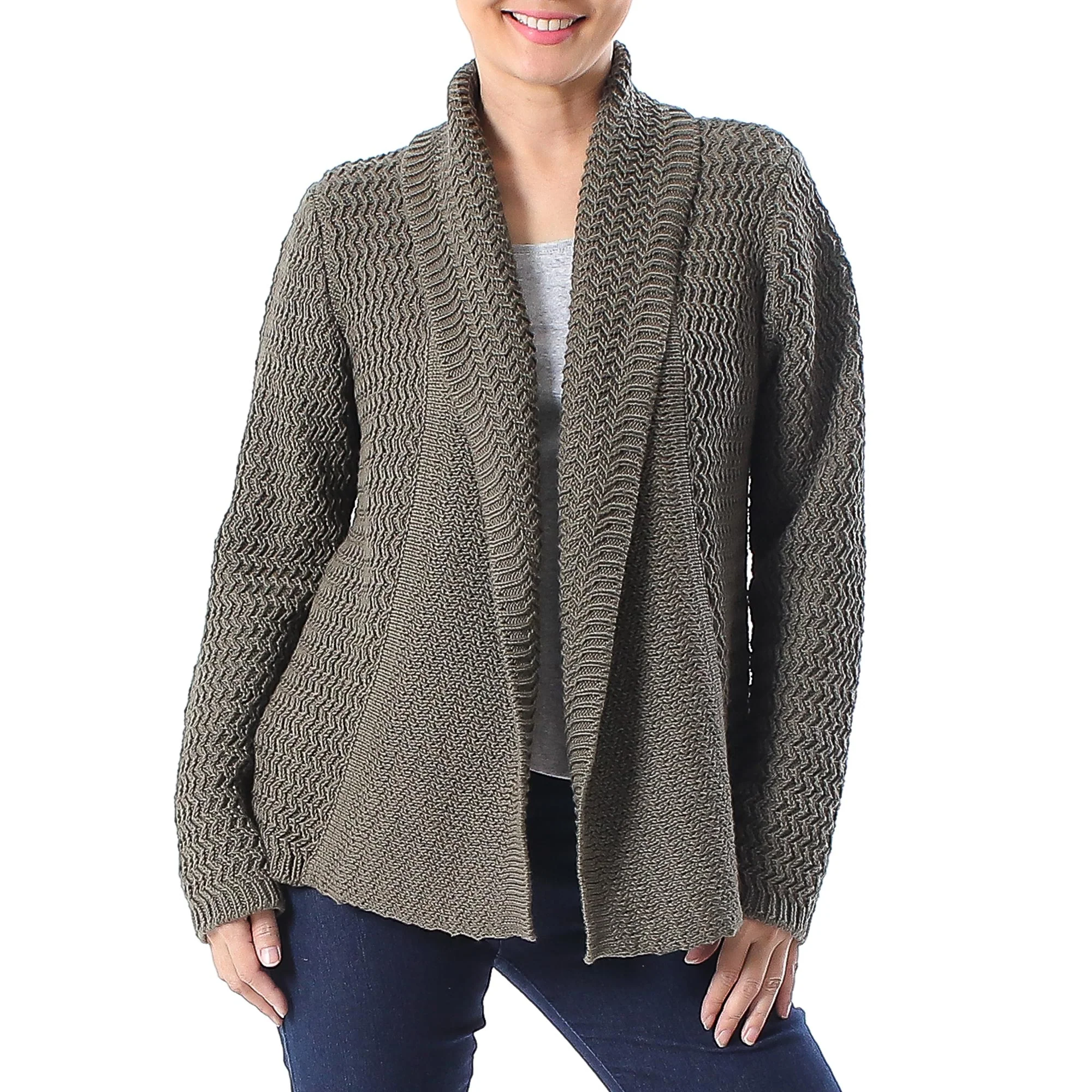 Cross Stitch in Dark Taupe Knit Cotton Cardigan in Dark Taupe from Thailand - Image 2