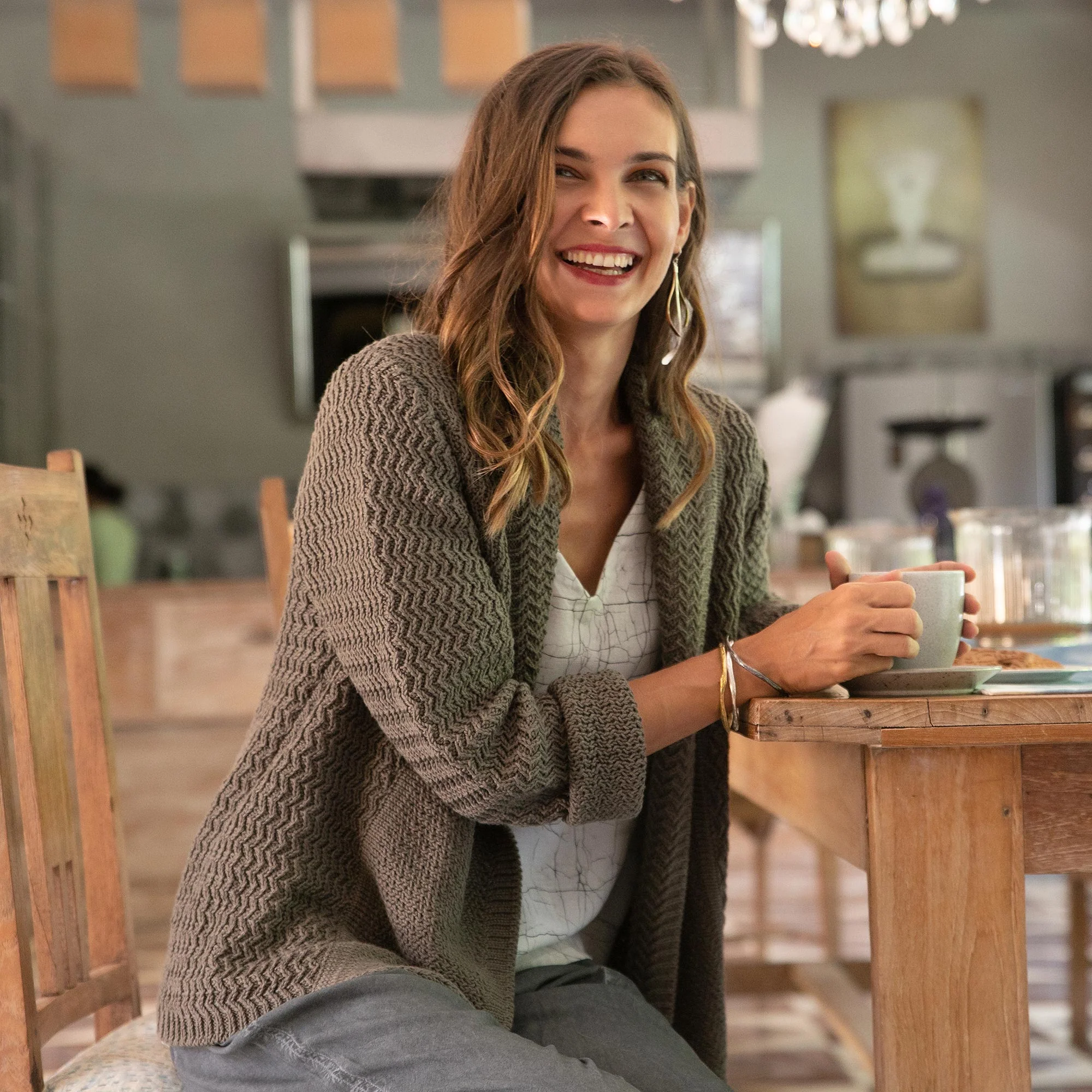 Cross Stitch in Dark Taupe Knit Cotton Cardigan in Dark Taupe from Thailand - Image 3