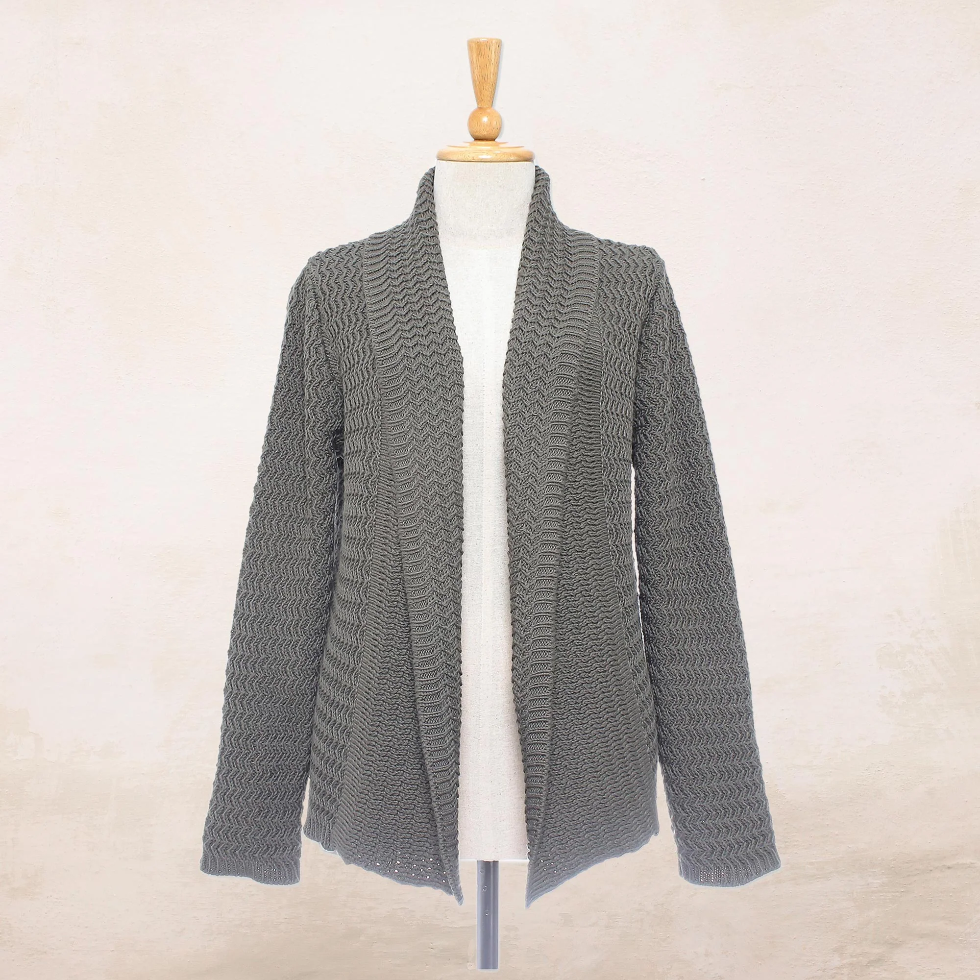 Cross Stitch in Dark Taupe Knit Cotton Cardigan in Dark Taupe from Thailand - Image 5