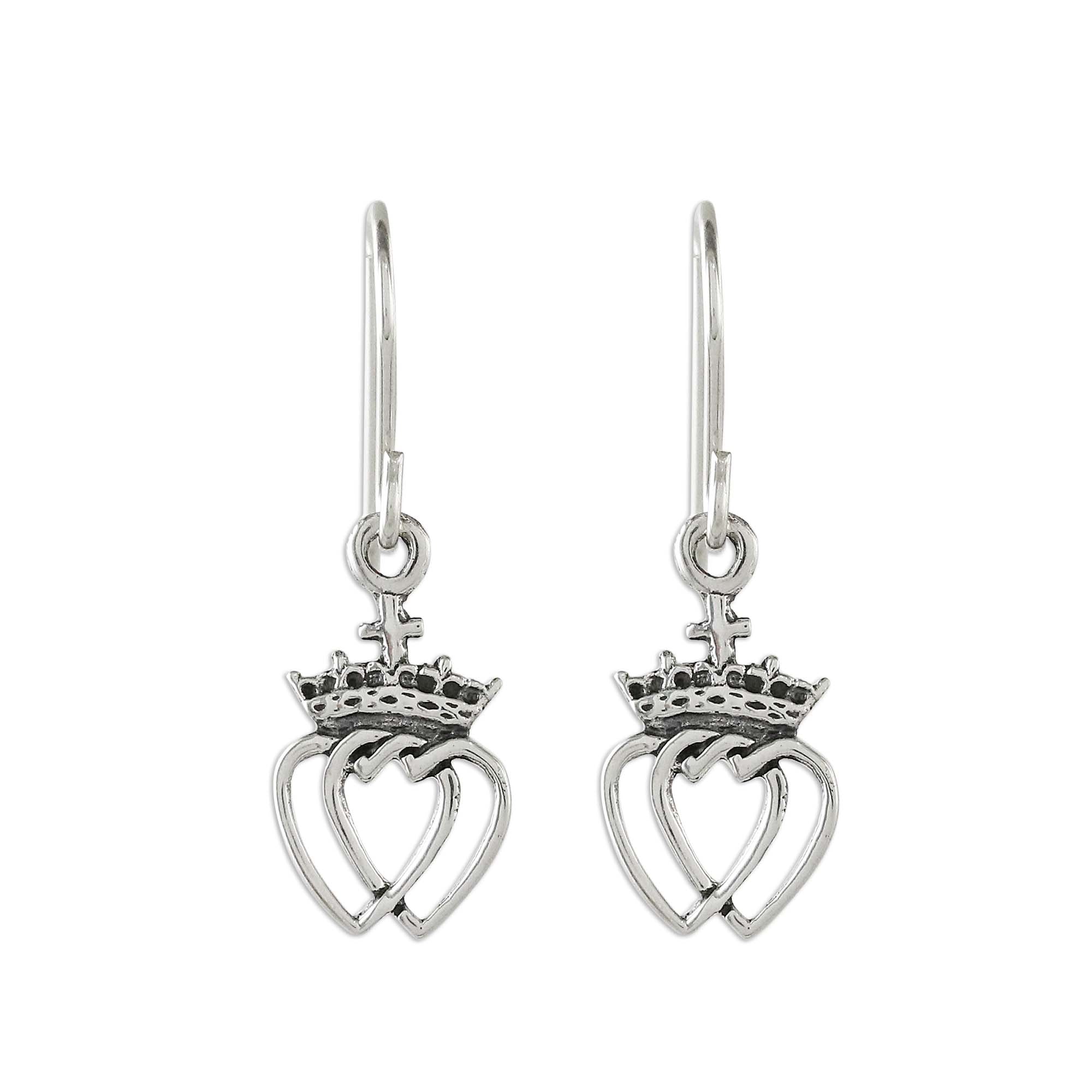 Crowned Hearts Silver Dangle Earrings - Image 2