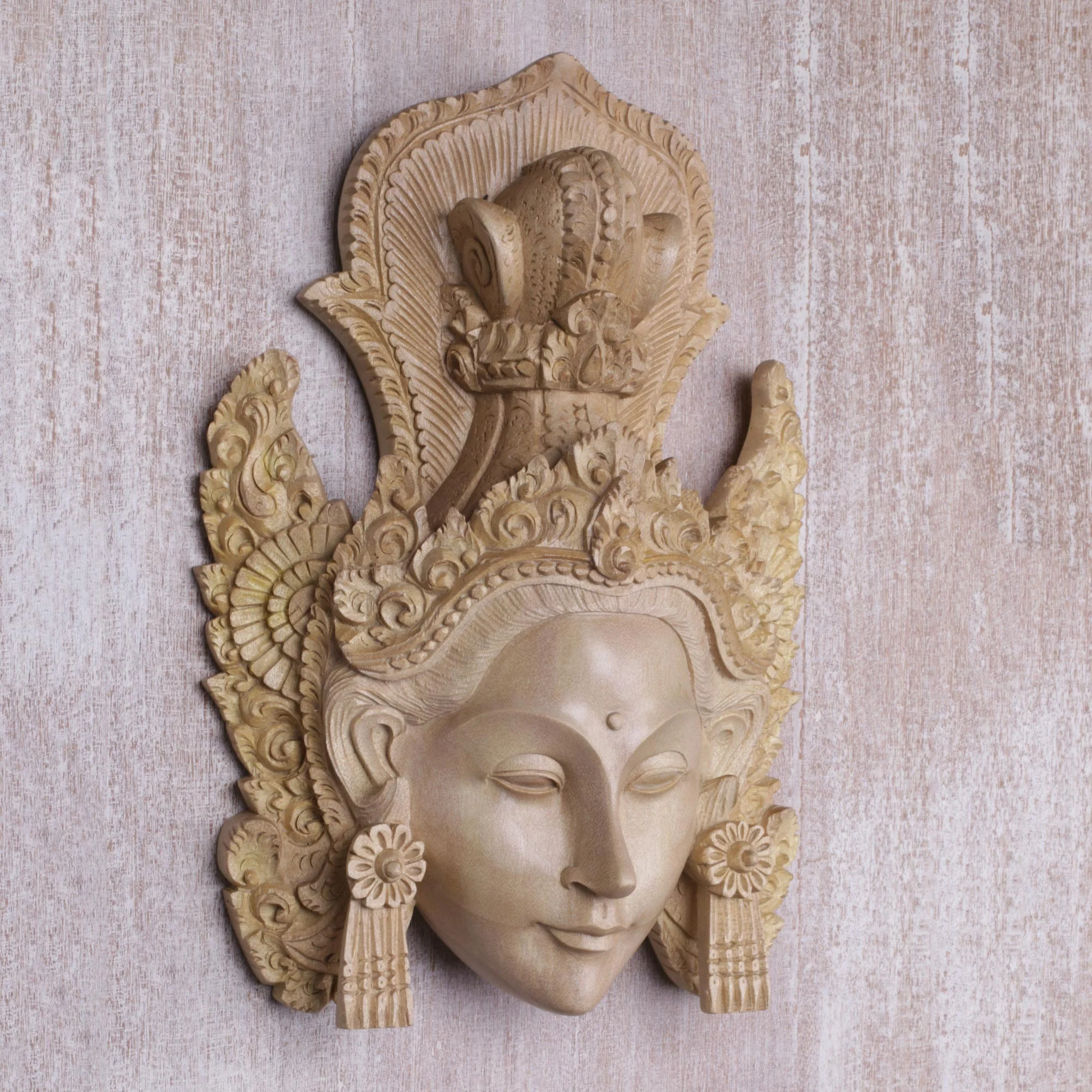 Crowned Princess Sita Artisan Hand-Carved Wooden Princess Sita Mask from Bali - Image 3