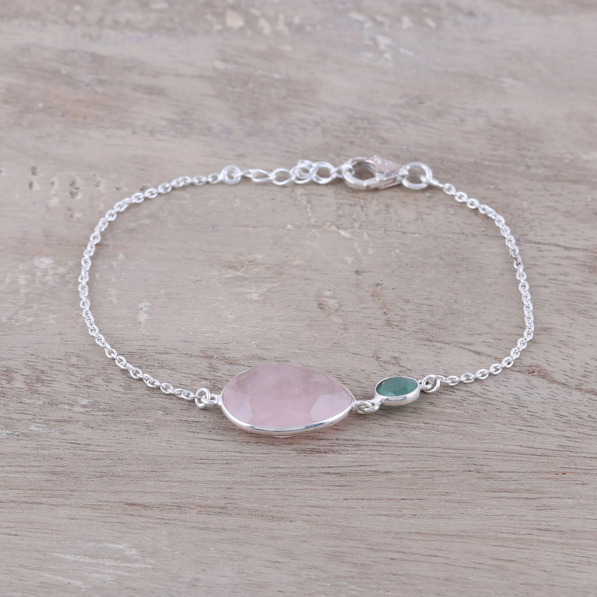 Crystal Shimmer Sterling Silver Rose Quartz and Aventurine Pendant Bracelet - Image 3