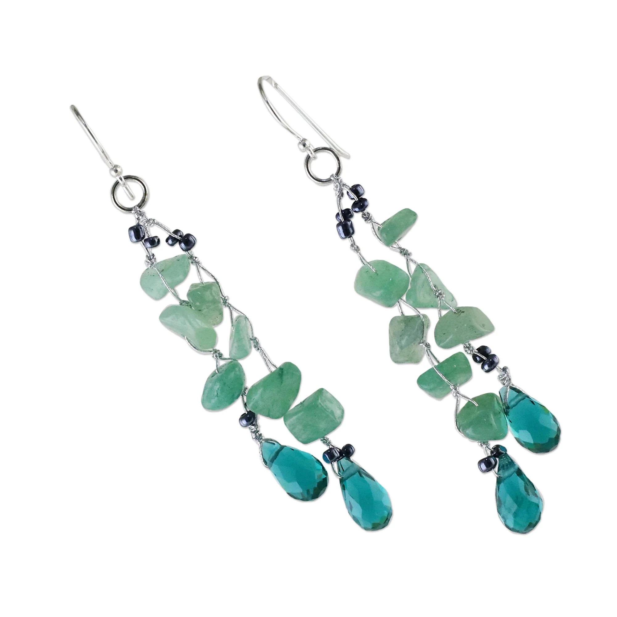Crystalline Drops in Green Green Quartz and Glass Bead Dangle Earrings from Thailand - Image 5