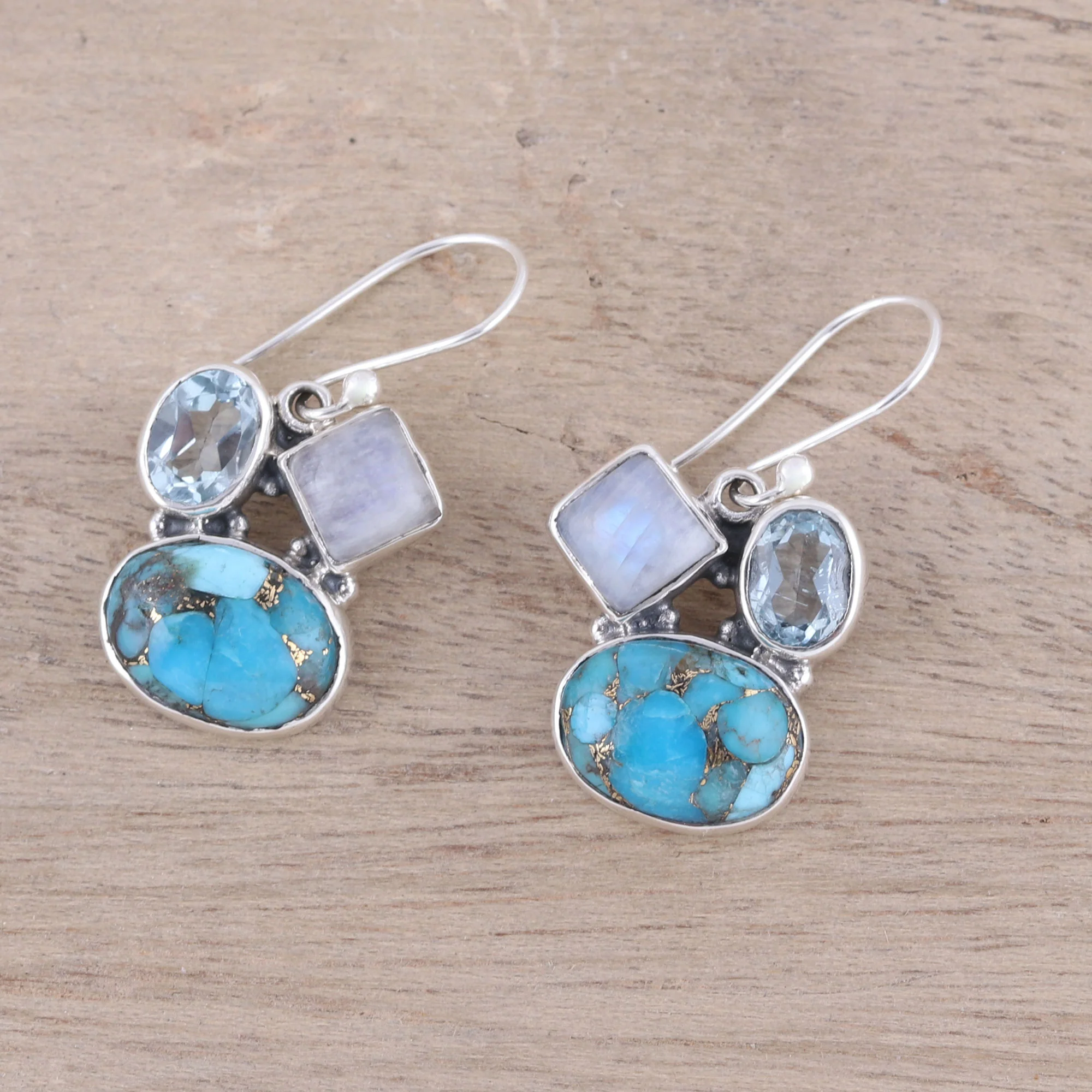 Crystalline Waters Blue Topaz and Rainbow Moonstone Dangle Earrings from India - Image 3
