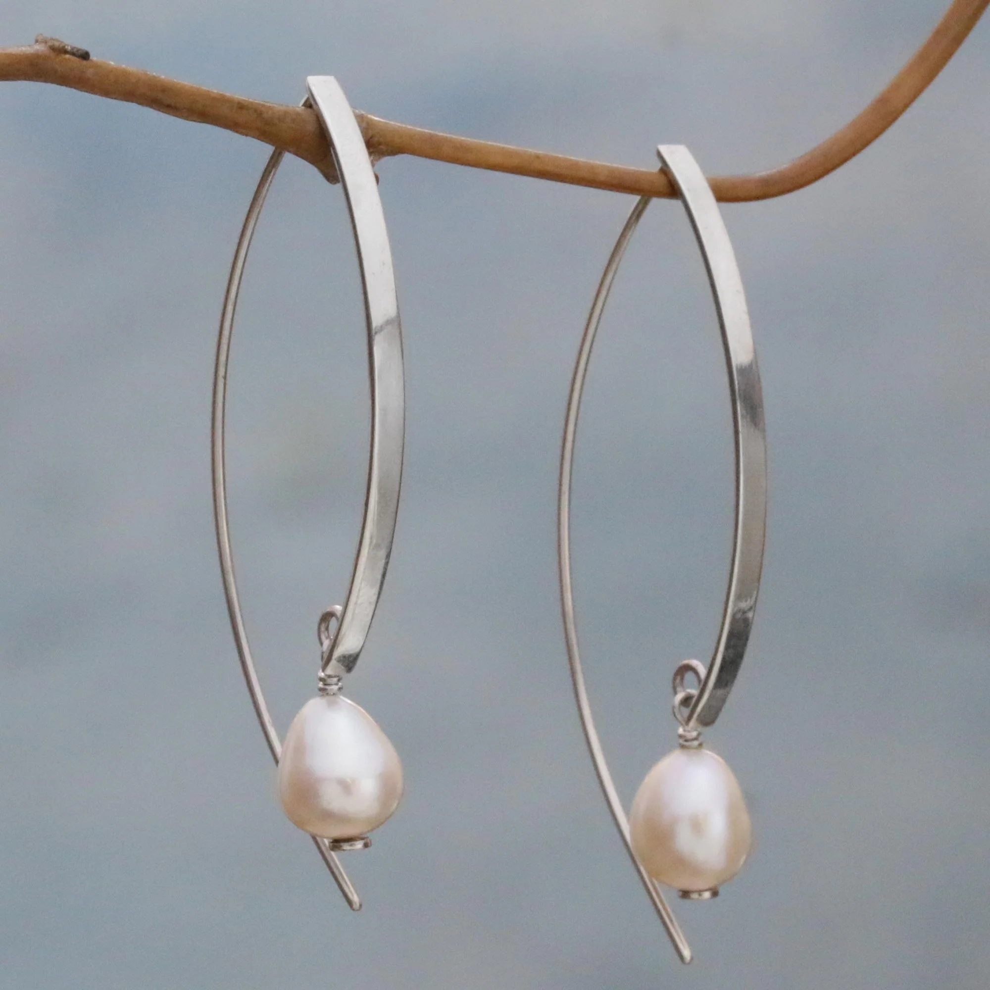 Cultured Freshwater Pearl & Silver Drop Earrings - Image 3