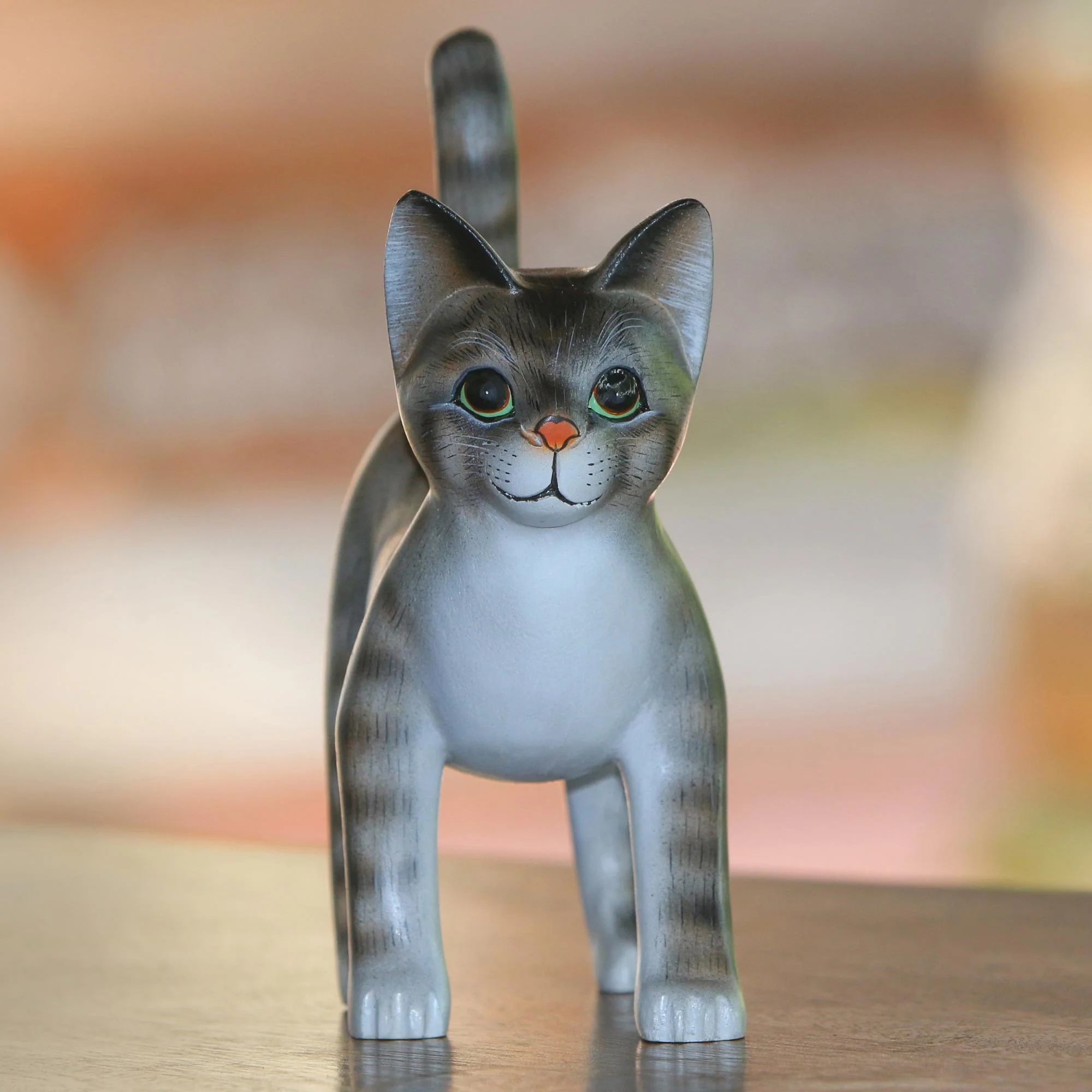 Curious Kitten Standing Wood Cat Sculpture in Grey and White from Bali - Image 3