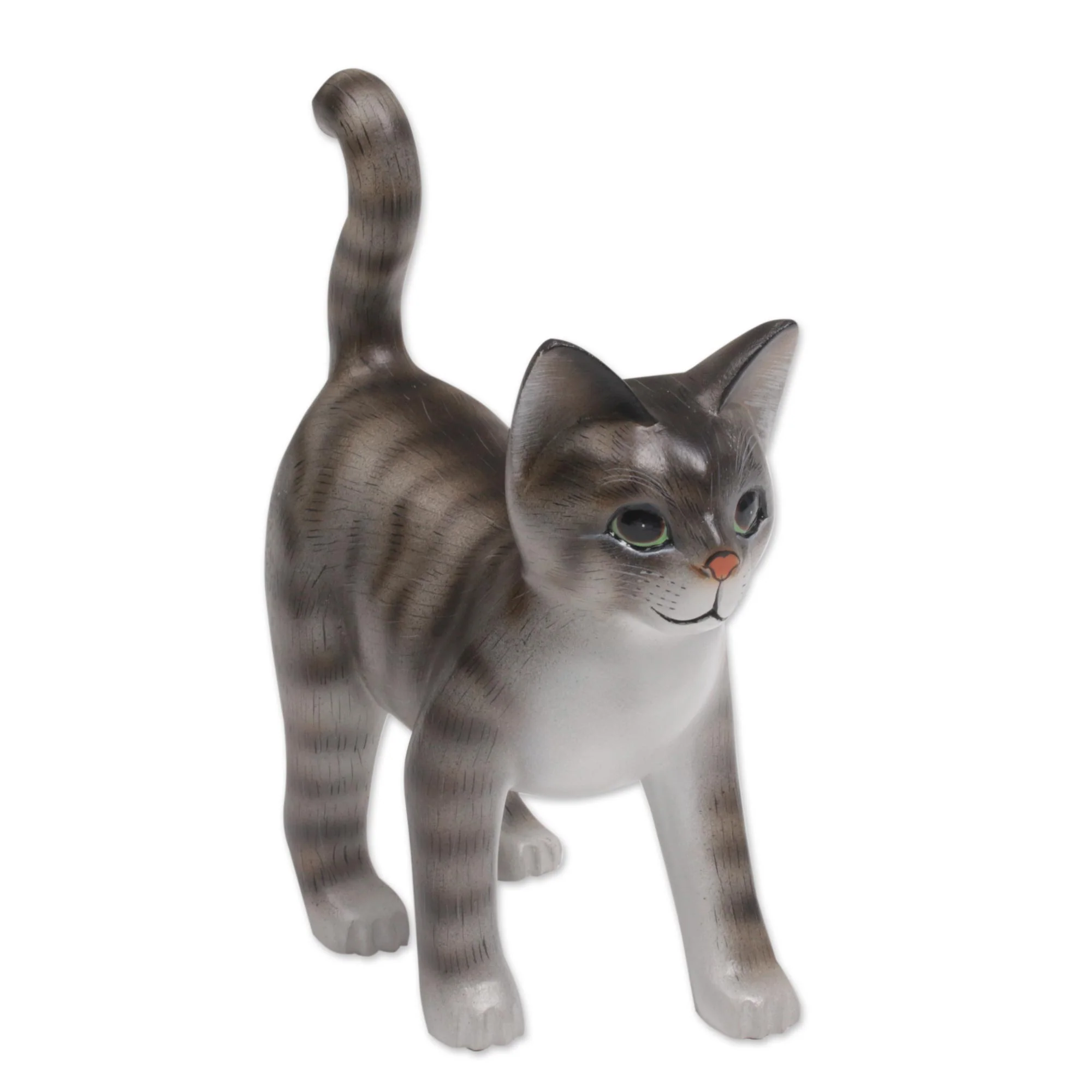 Curious Kitten Standing Wood Cat Sculpture in Grey and White from Bali - Image 5