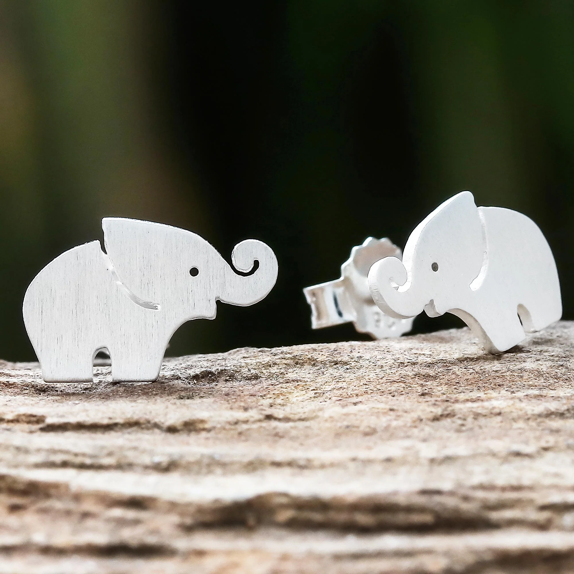 Curled Trunks Sterling Silver Elephant Stud Earrings with Curled Trunks - Image 3