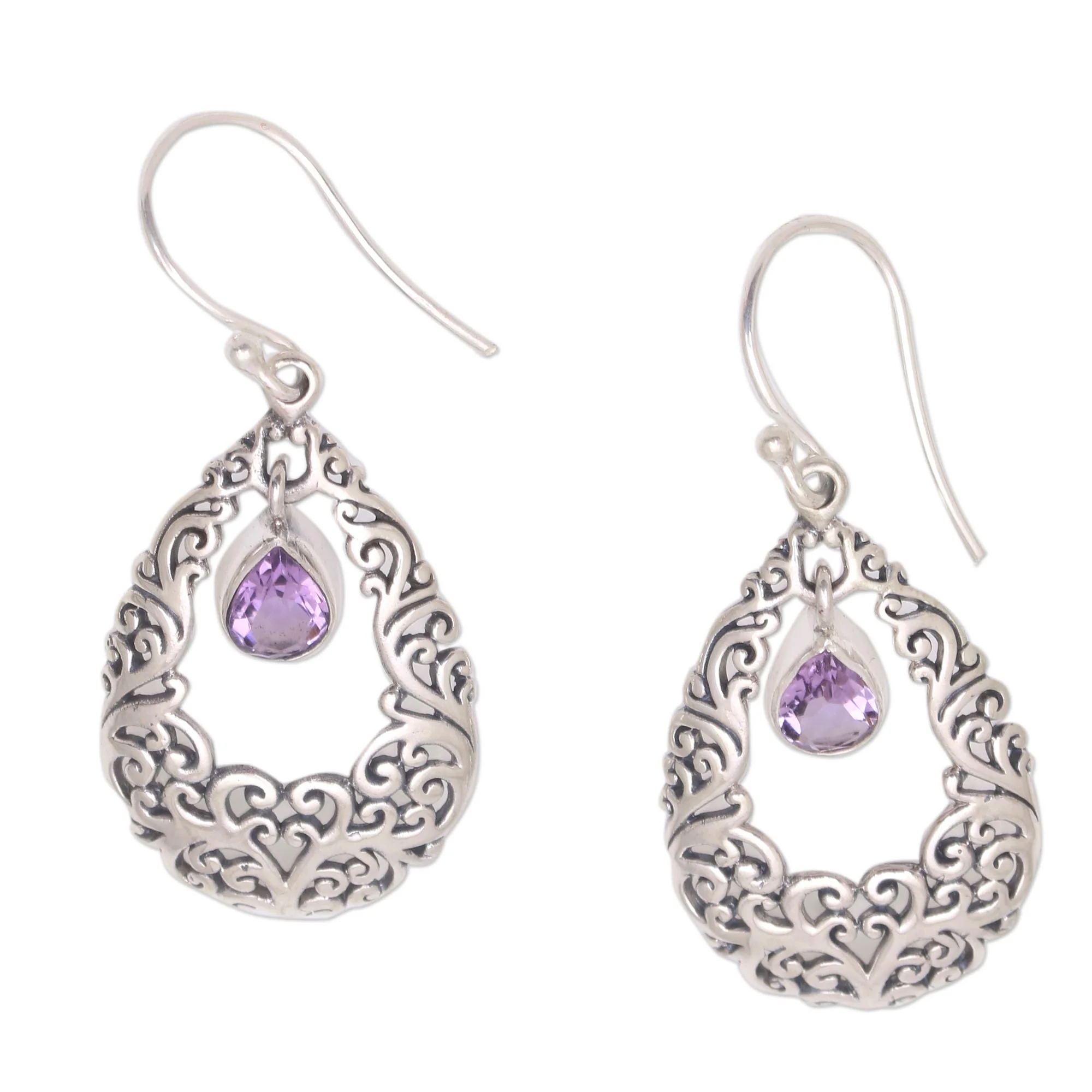 Curling Drops Amethyst Drop Dangle Earrings from Bali - Image 2
