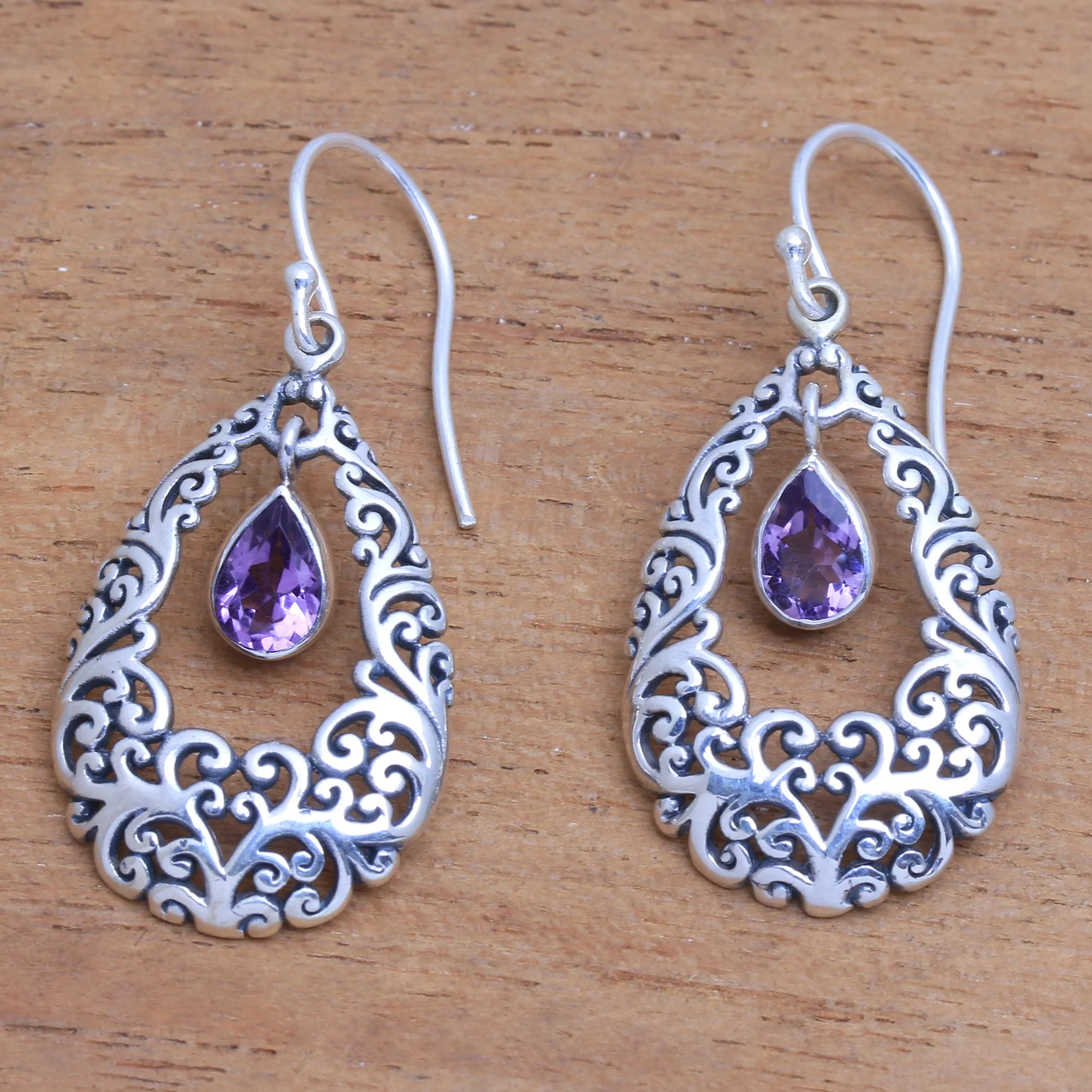 Curling Drops Amethyst Drop Dangle Earrings from Bali - Image 3