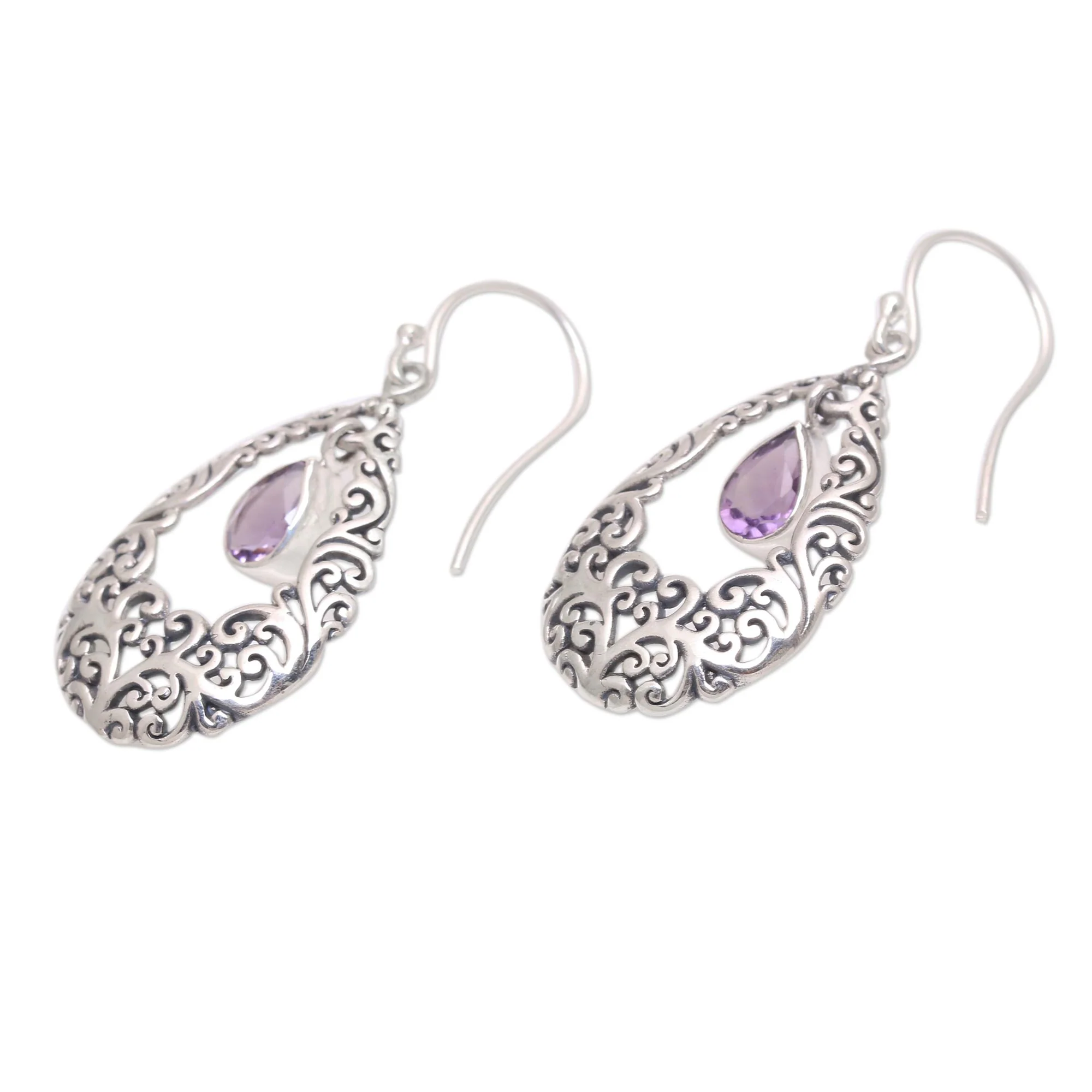 Curling Drops Amethyst Drop Dangle Earrings from Bali - Image 4