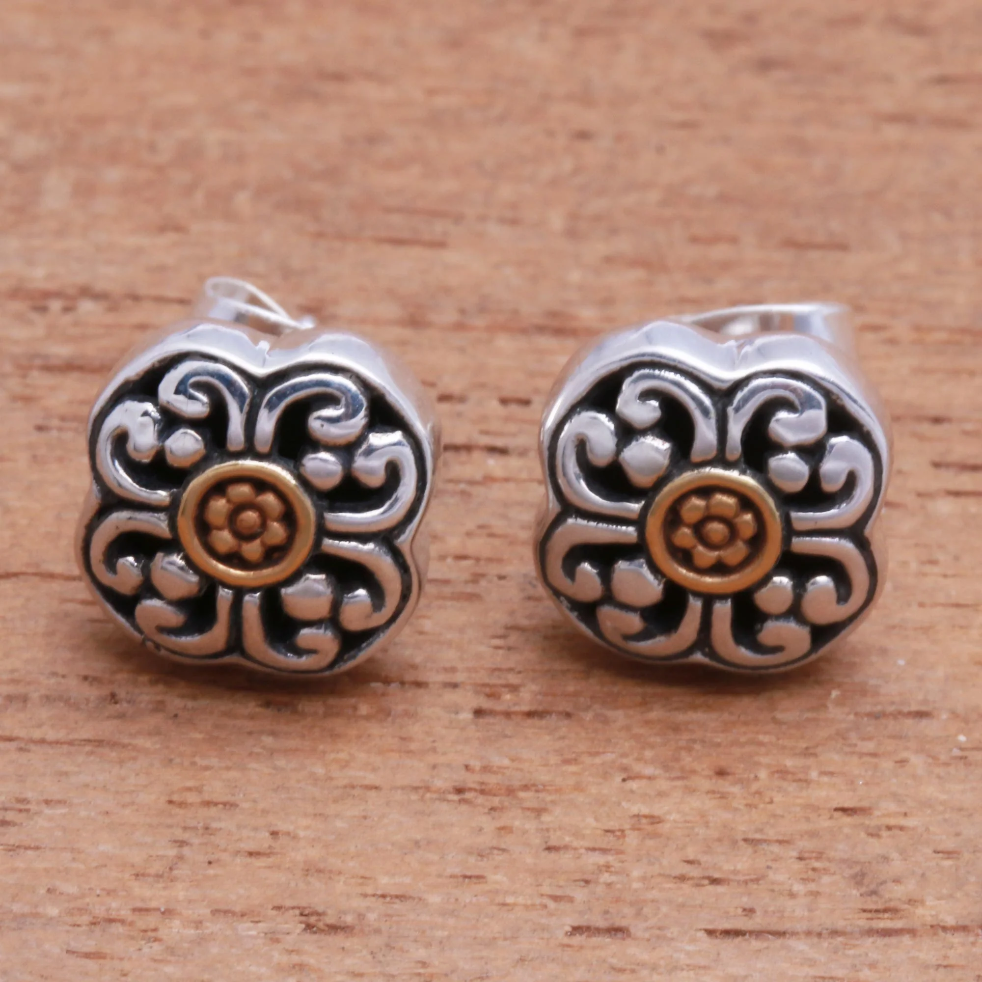Curling Flower Floral 18k Gold Plated Sterling Silver Stud Earrings - Image 3