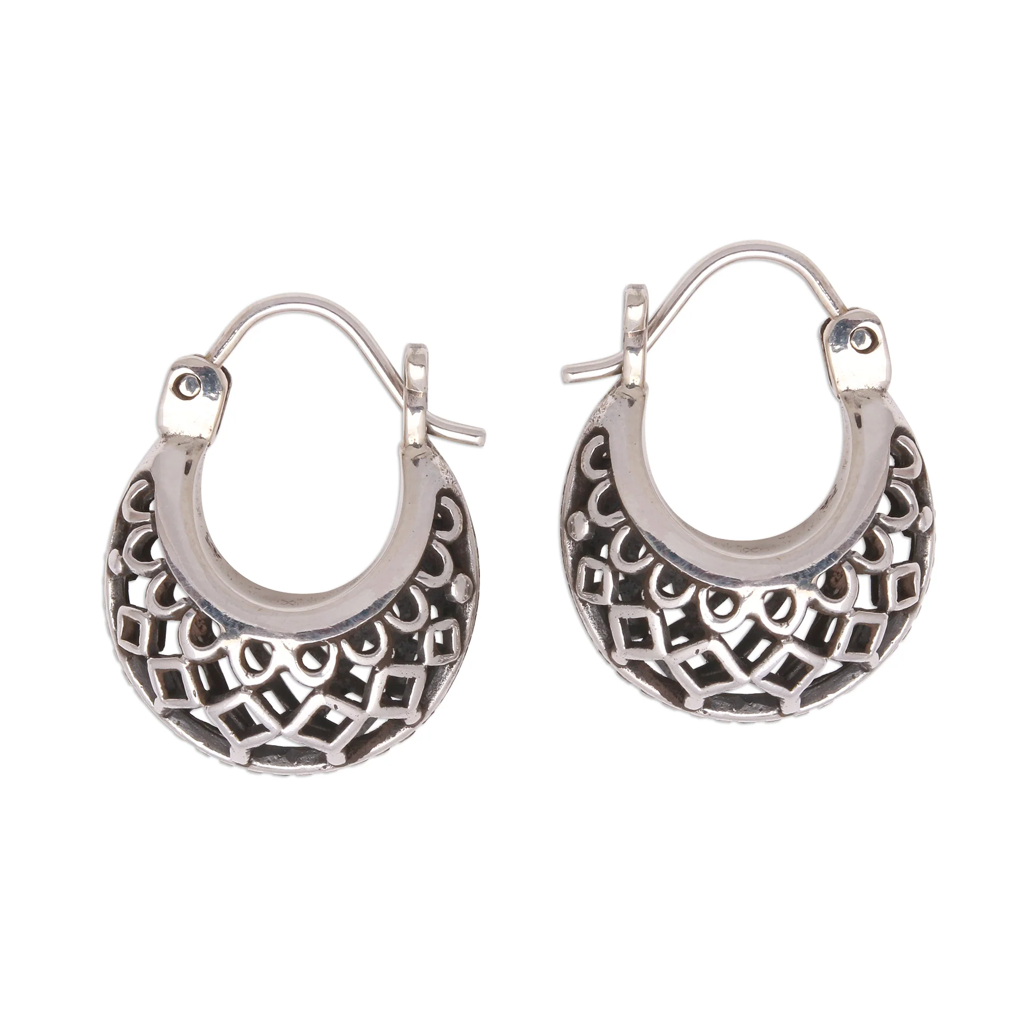 Curved Elegance Openwork Sterling Silver Hoop Earrings from Bali - Image 2