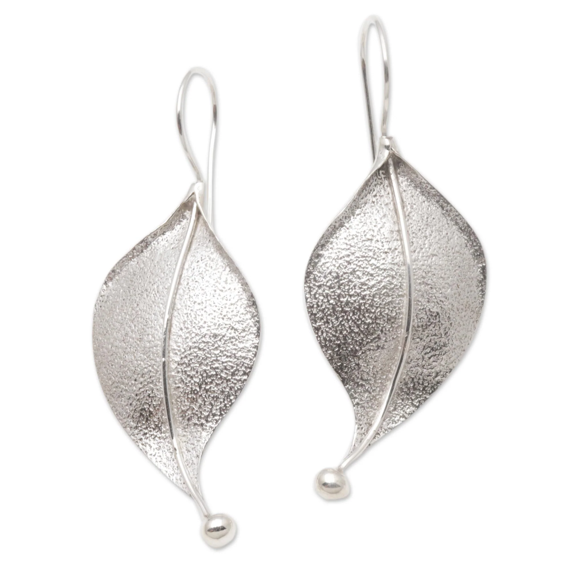 Curved Leaves Modern Leaf-Shaped Sterling Silver Drop Earrings from Bali - Image 2