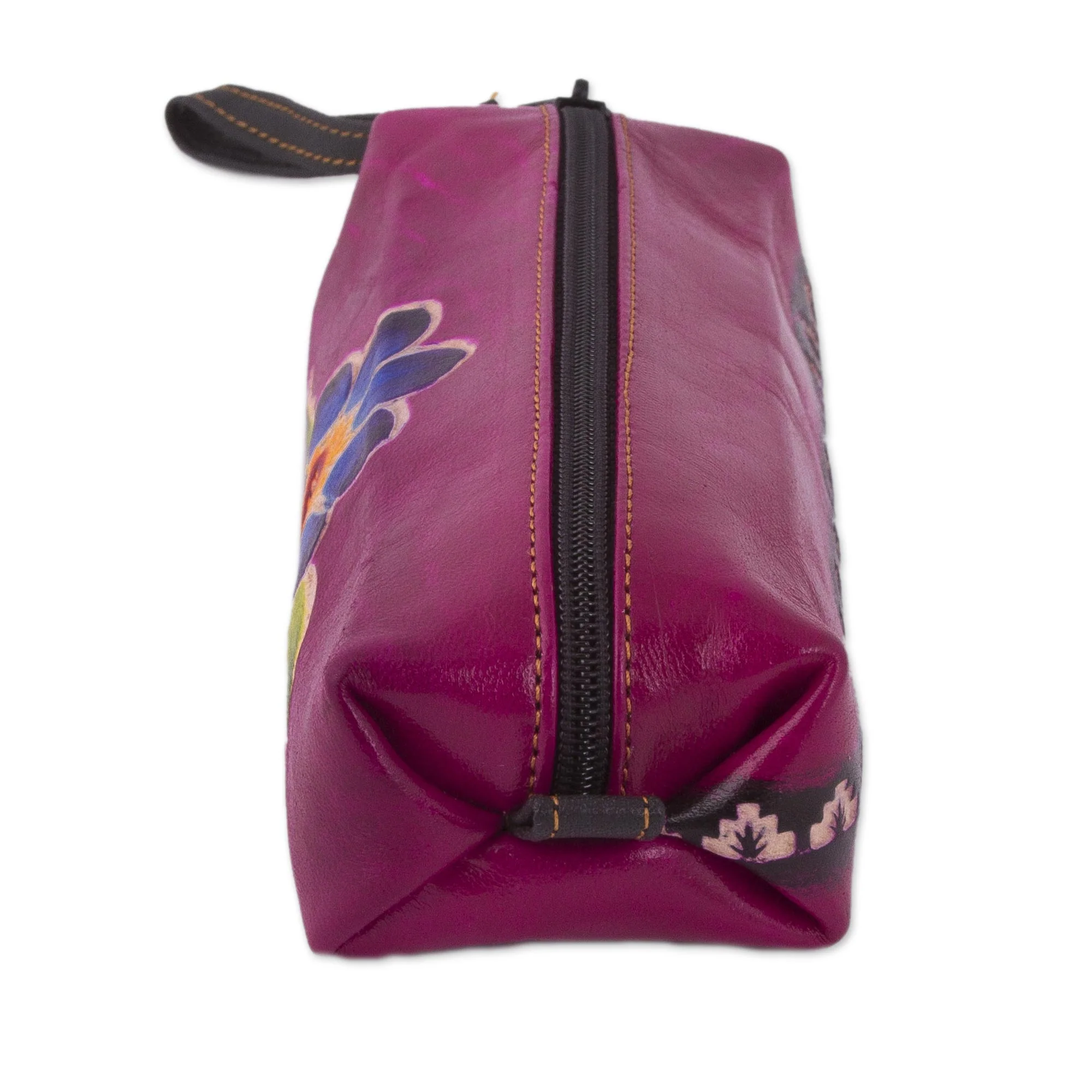 Cusco Bloom Magenta Leather Pencil Case with Hand Painted Flower - Image 5