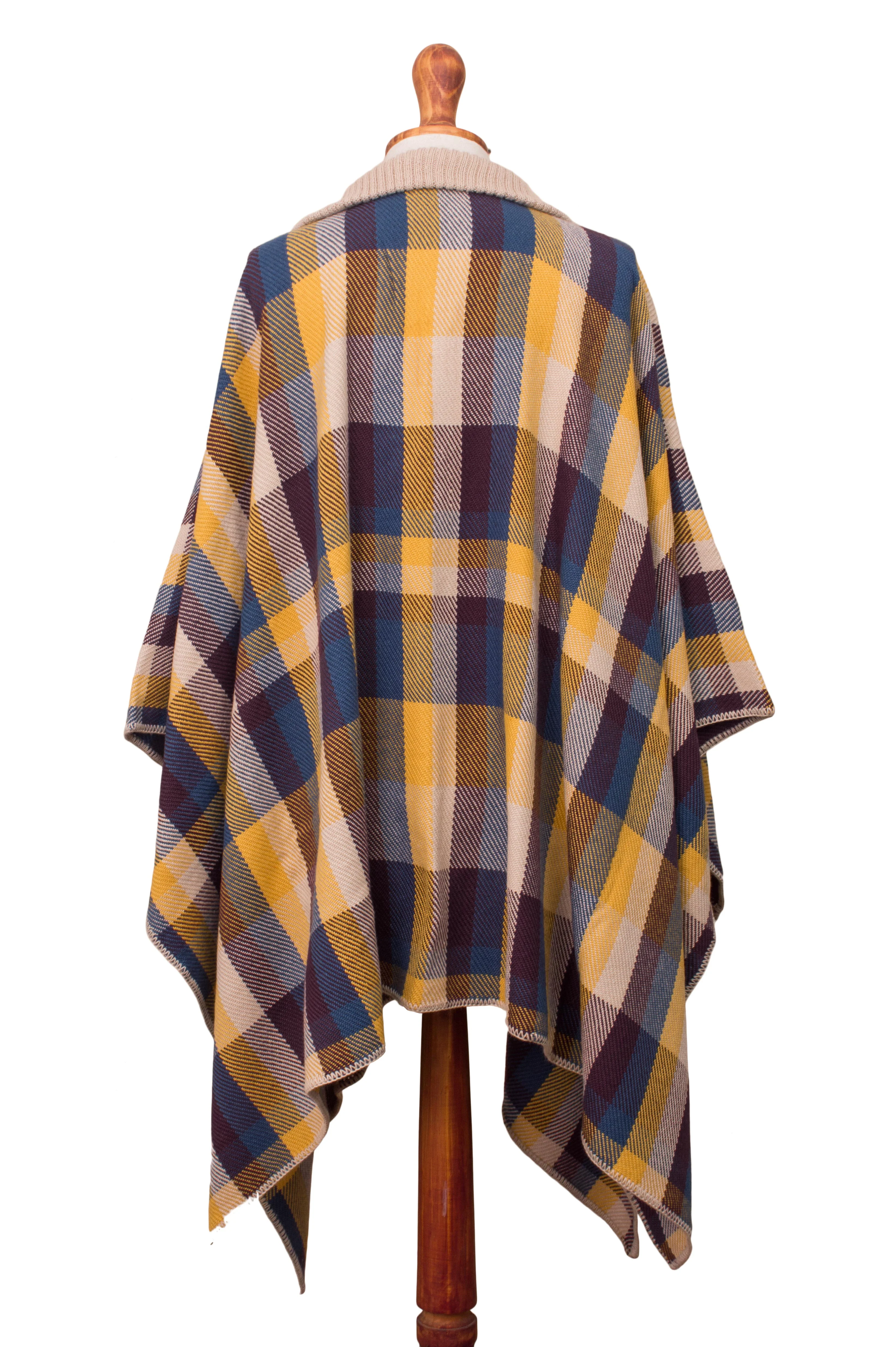 Cuzco Morning Check Pattern Alpaca Blend Poncho Sweater from Peru - Image 5