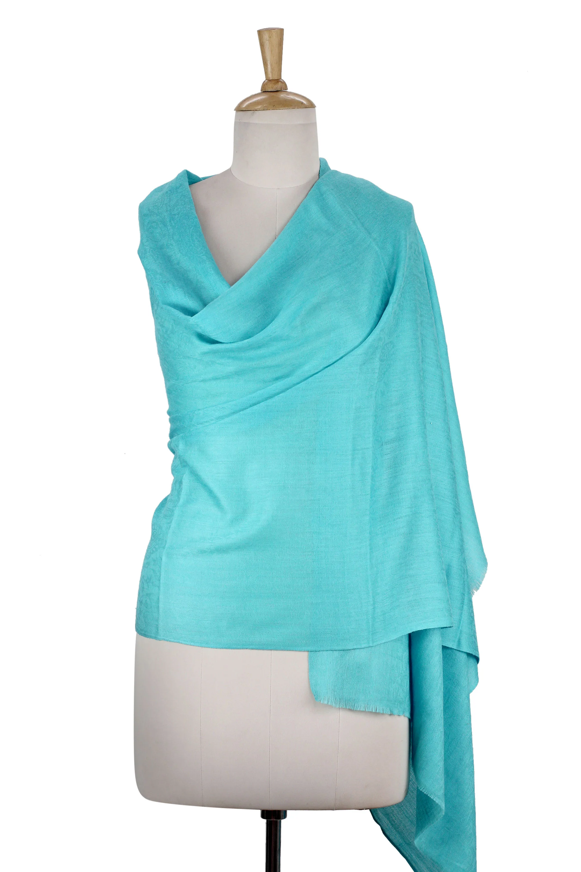 Cyan Glamour All-Wool Sky Blue Women's Shawl Handwoven in India - Image 4