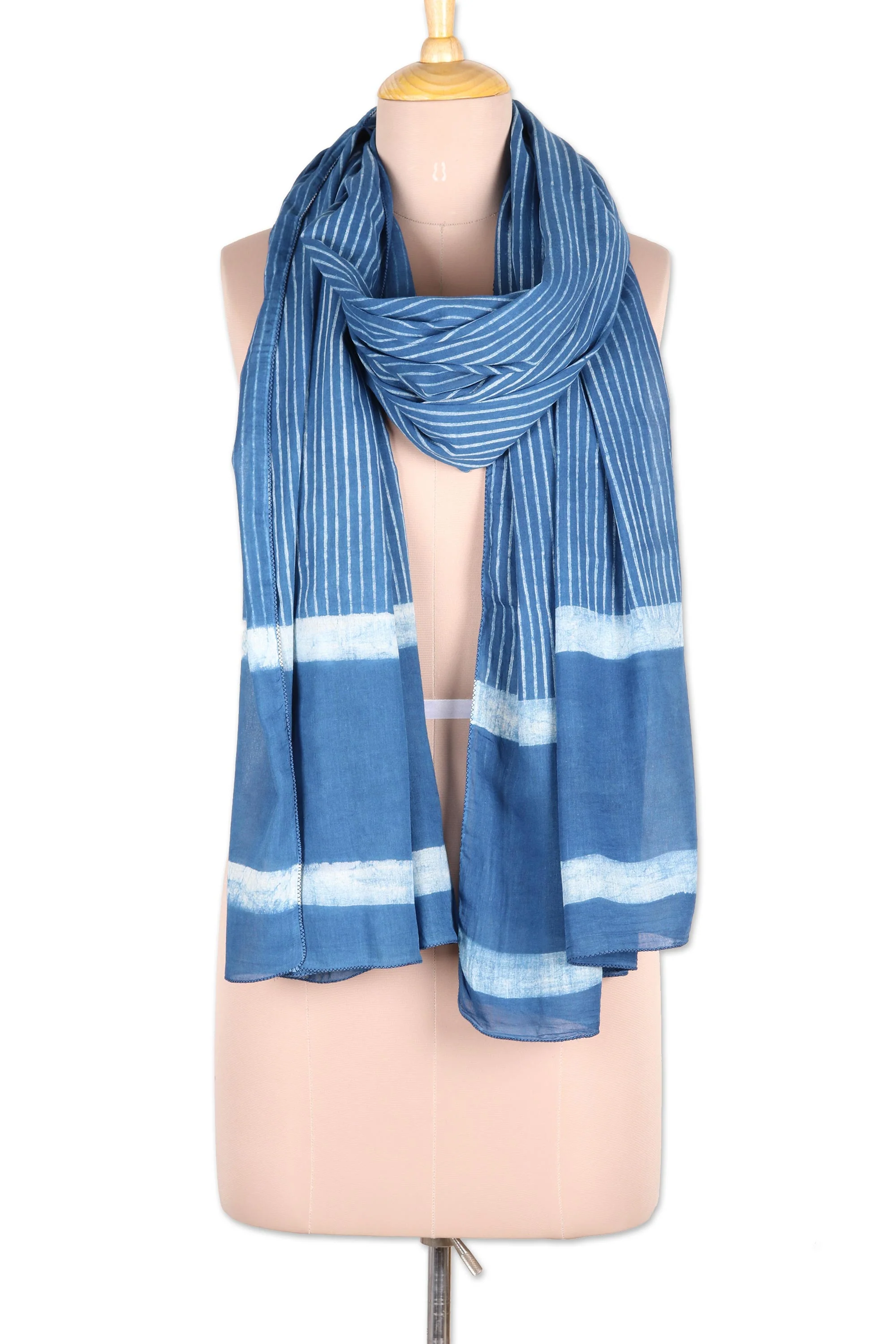 Dabu Blue Blue and White Mud Resist Striped Block Print Cotton Shawl - Image 2