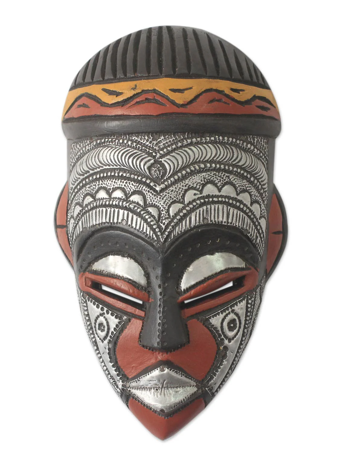 Daimuwa III Hand Carved African Wood Mask with Embossed Aluminum - Image 2