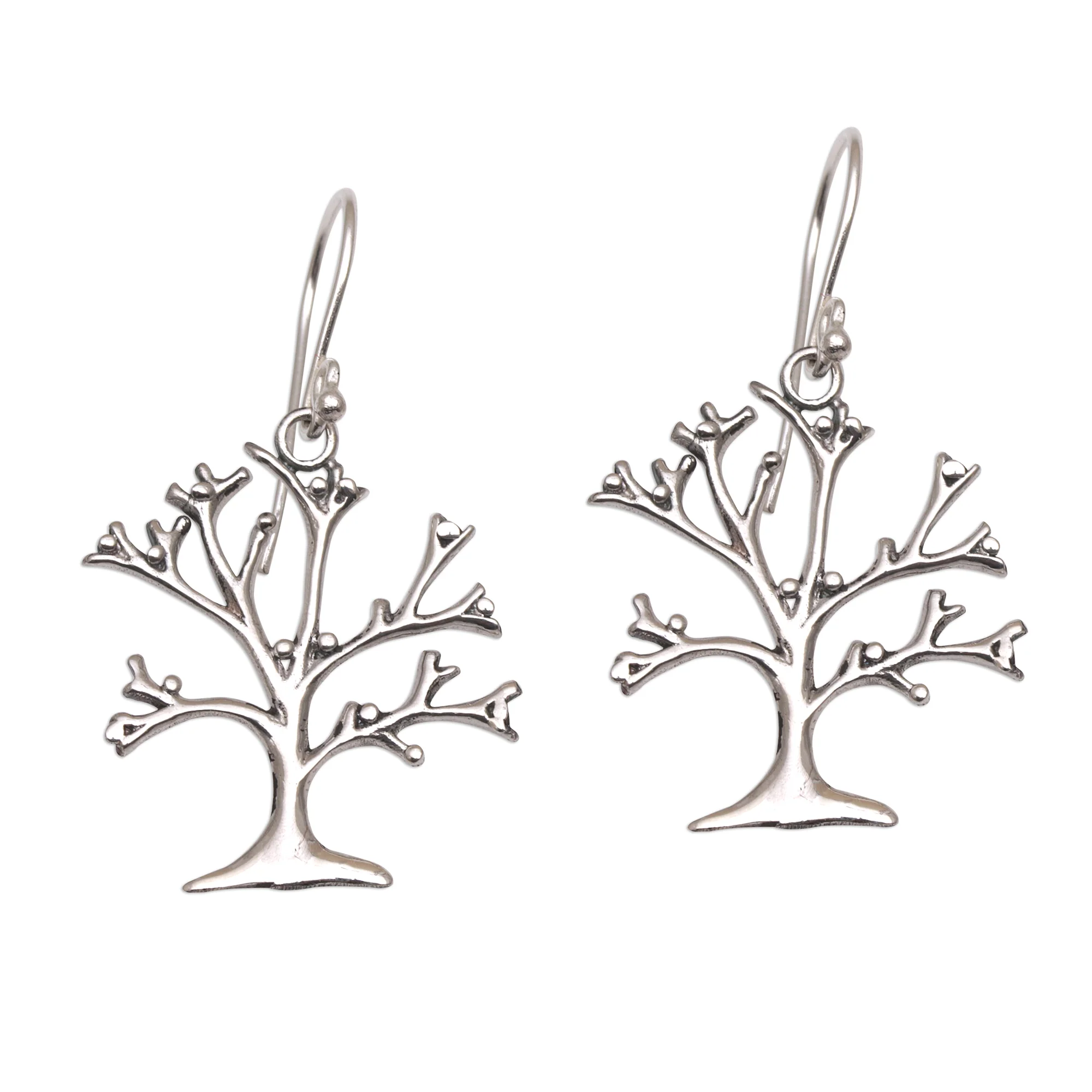 Dainty Bark Tree-Shaped Sterling Silver Dangle Earrings from Bali - Image 2