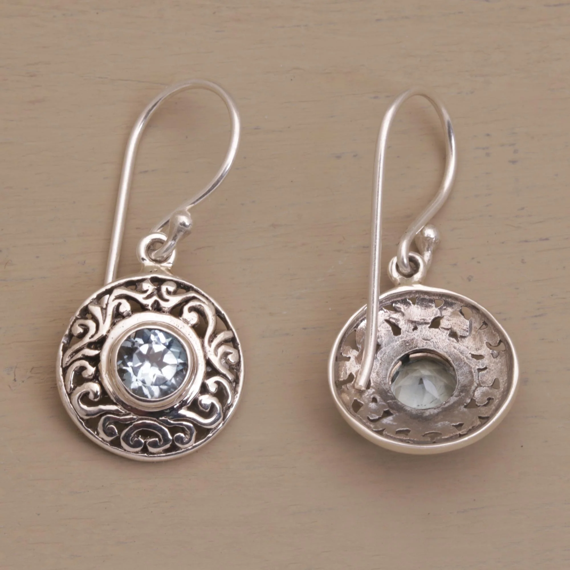 Dainty Shields Round Sterling Silver Earrings with Blue Topaz Gems - Image 5