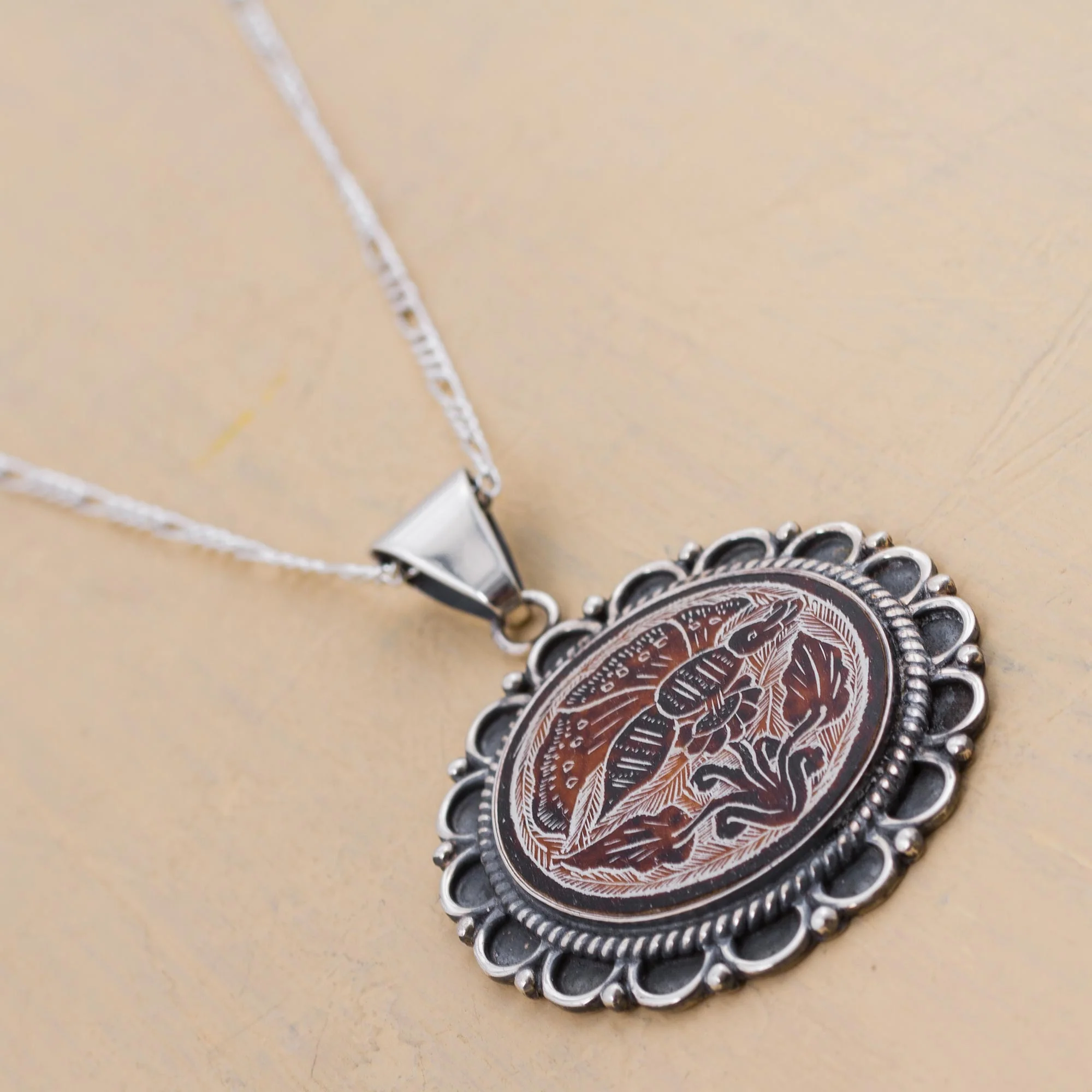 Daisy Butterfly Peruvian Mate Gourd Pendant Necklace - Image 3