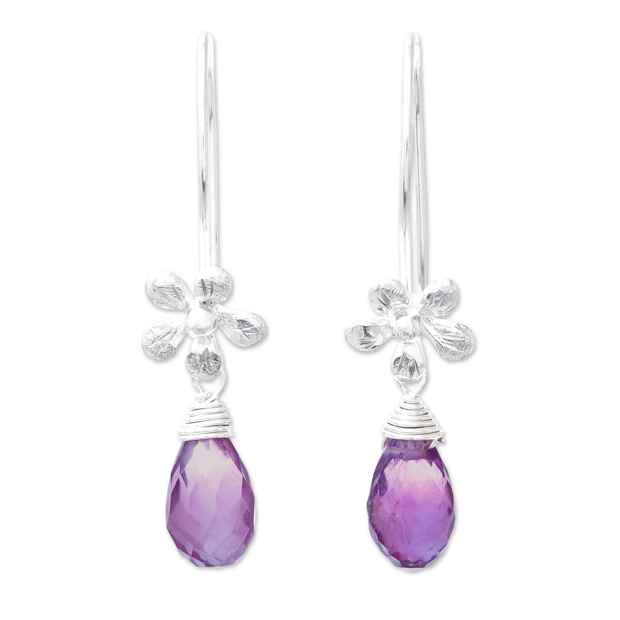 Daisy Glitter Floral Faceted Amethyst Dangle Earrings from Thailand - Image 2