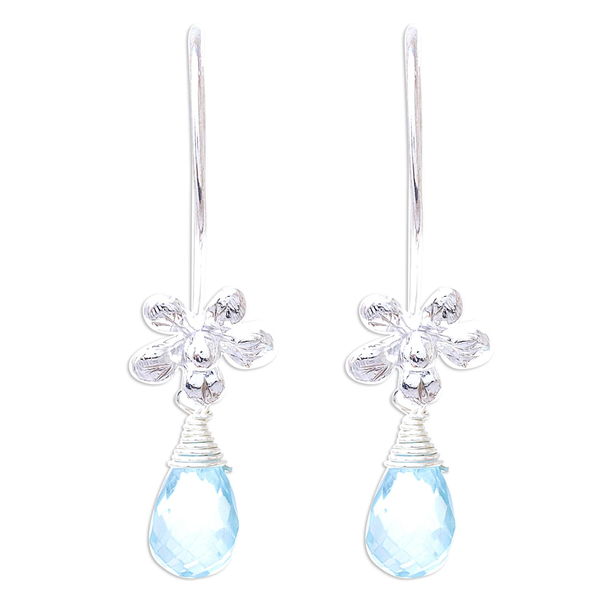 Daisy Glitter Floral Faceted Blue Topaz Dangle Earrings from Thailand - Image 2